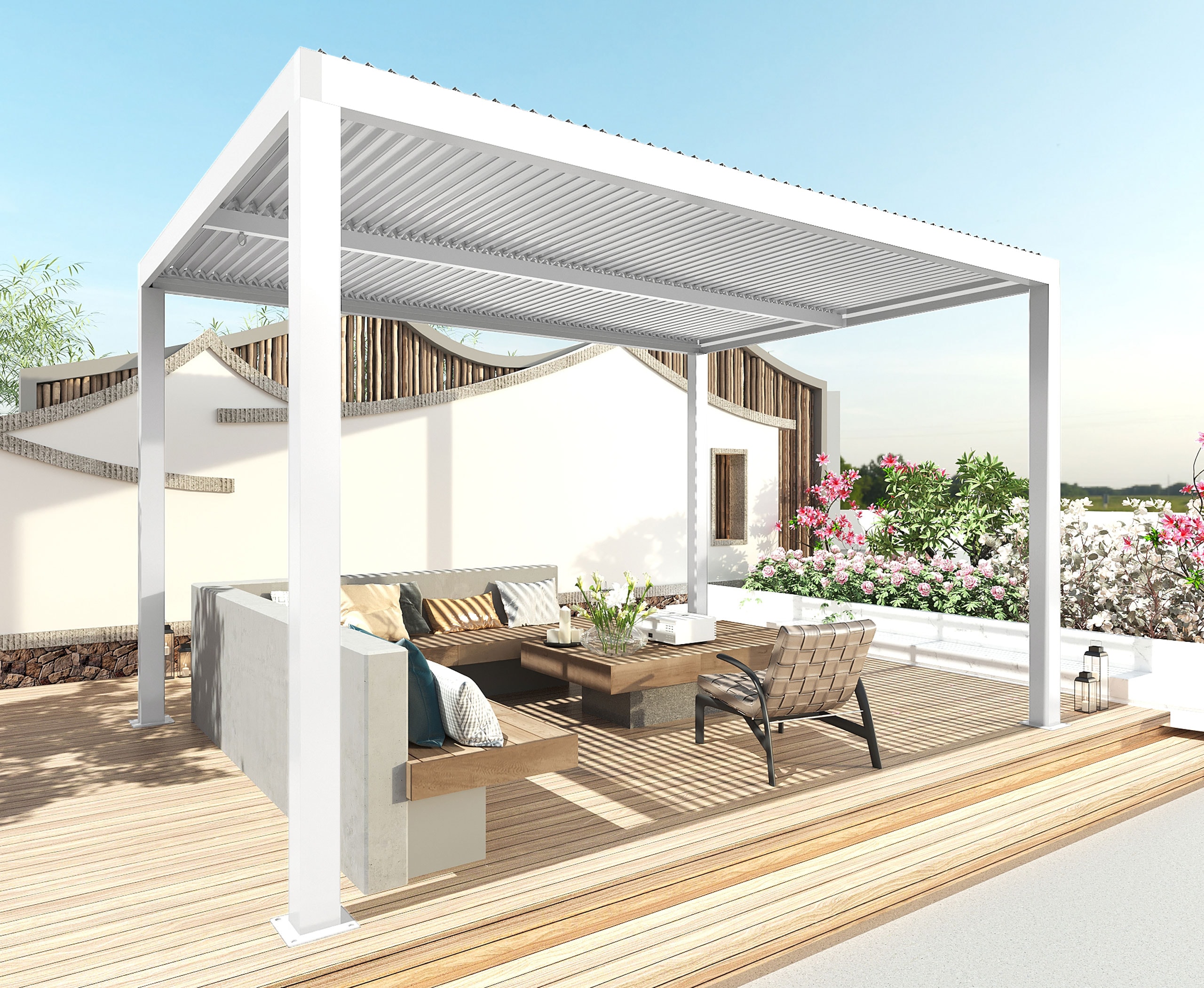Pergola MCW-L46, Gartenpavillon Lamellen-Pavillon, 11cm-Aluminium-Gestell, Regenrinne sturmfest, 3x3m ~ wei&szlig; 
