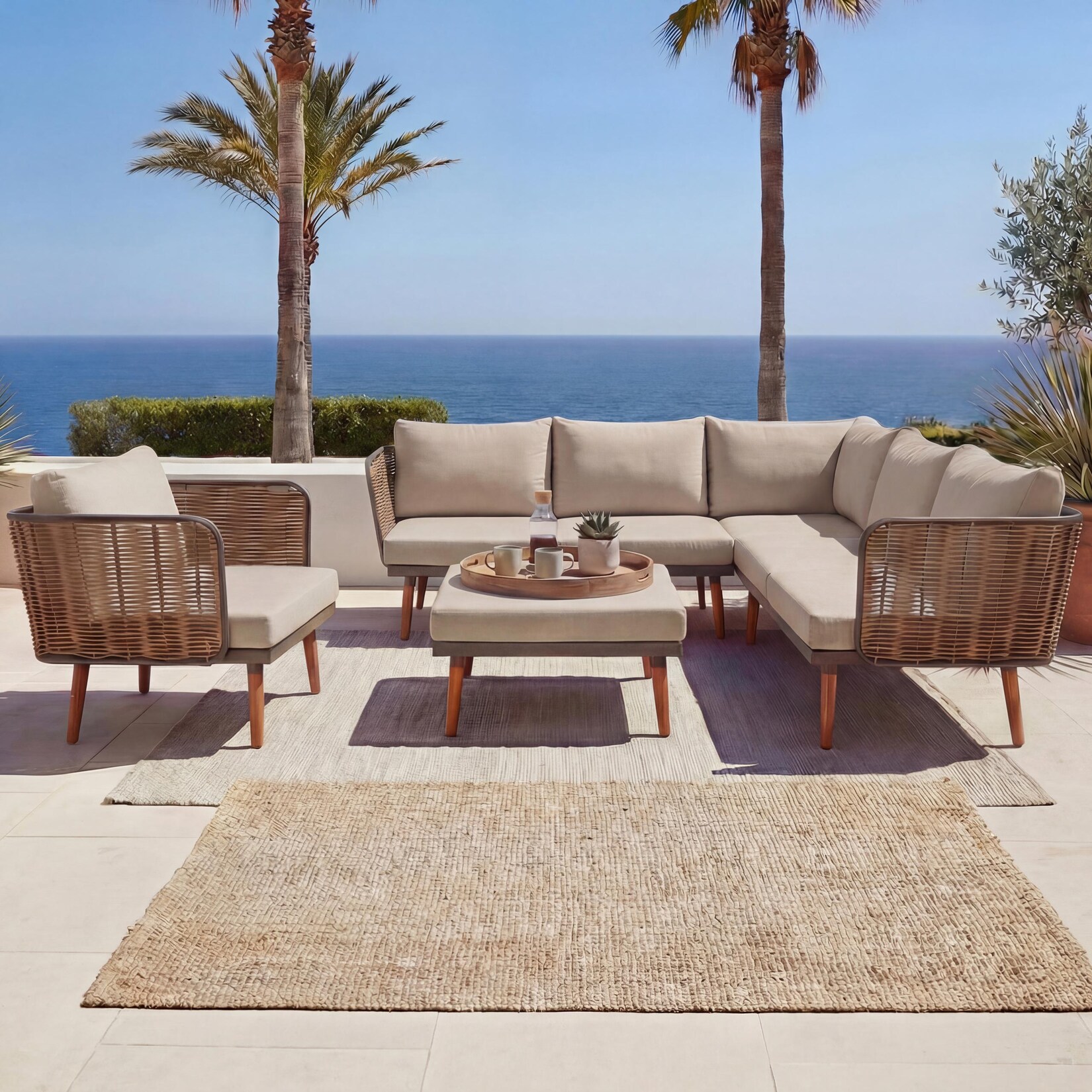 Gartengarnitur -L31, Garnitur Lounge-Set Sofa Outdoor, Spun Poly Metall Poly-Rattan MVG-zertifiziert ~ beige-braun