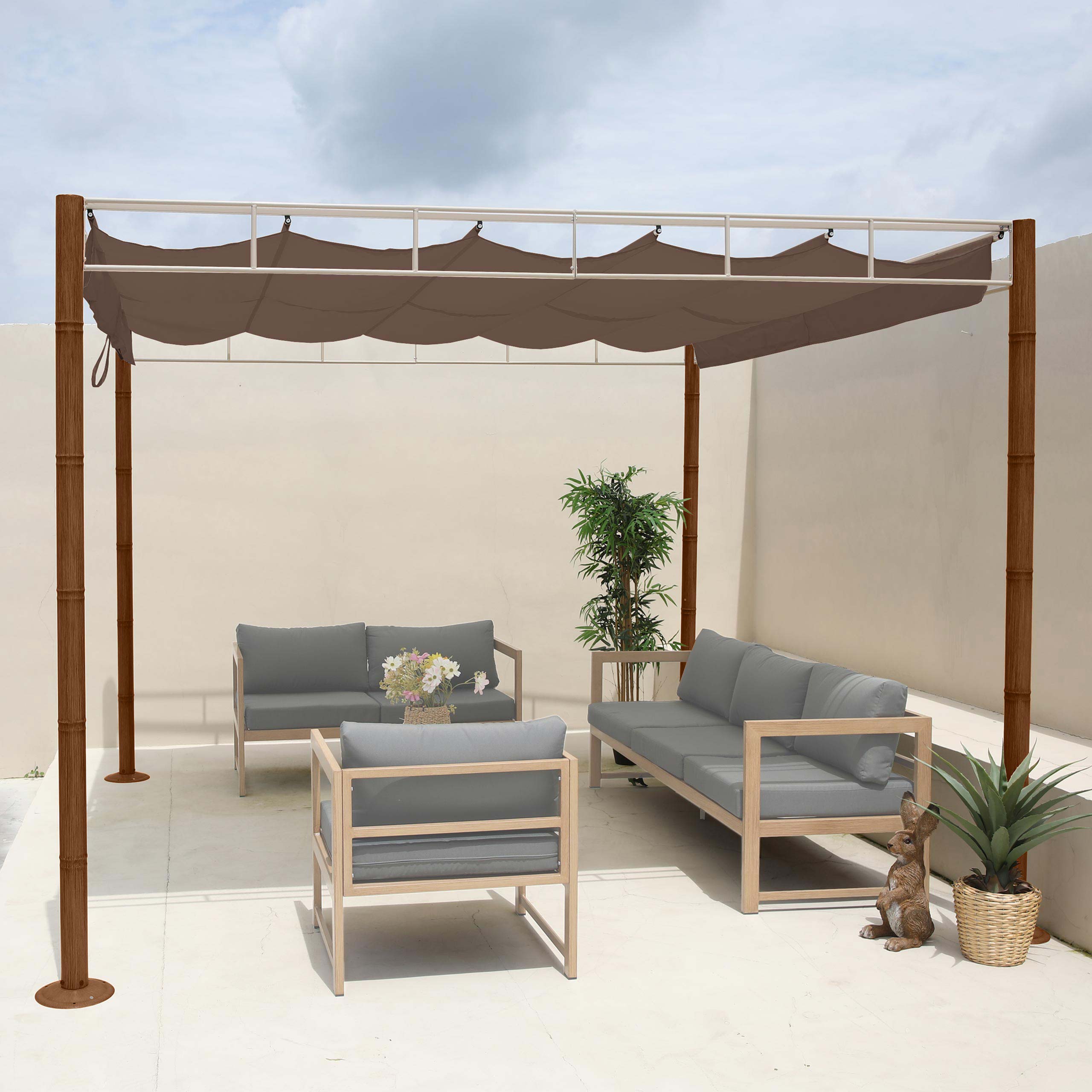 Pergola MCW-L42, Garten Pavillon Terrassen&uuml;berdachung, stabiles 7cm-Metall-Gestell 3x3m Bambus-Optik ~ taupe-braun 
