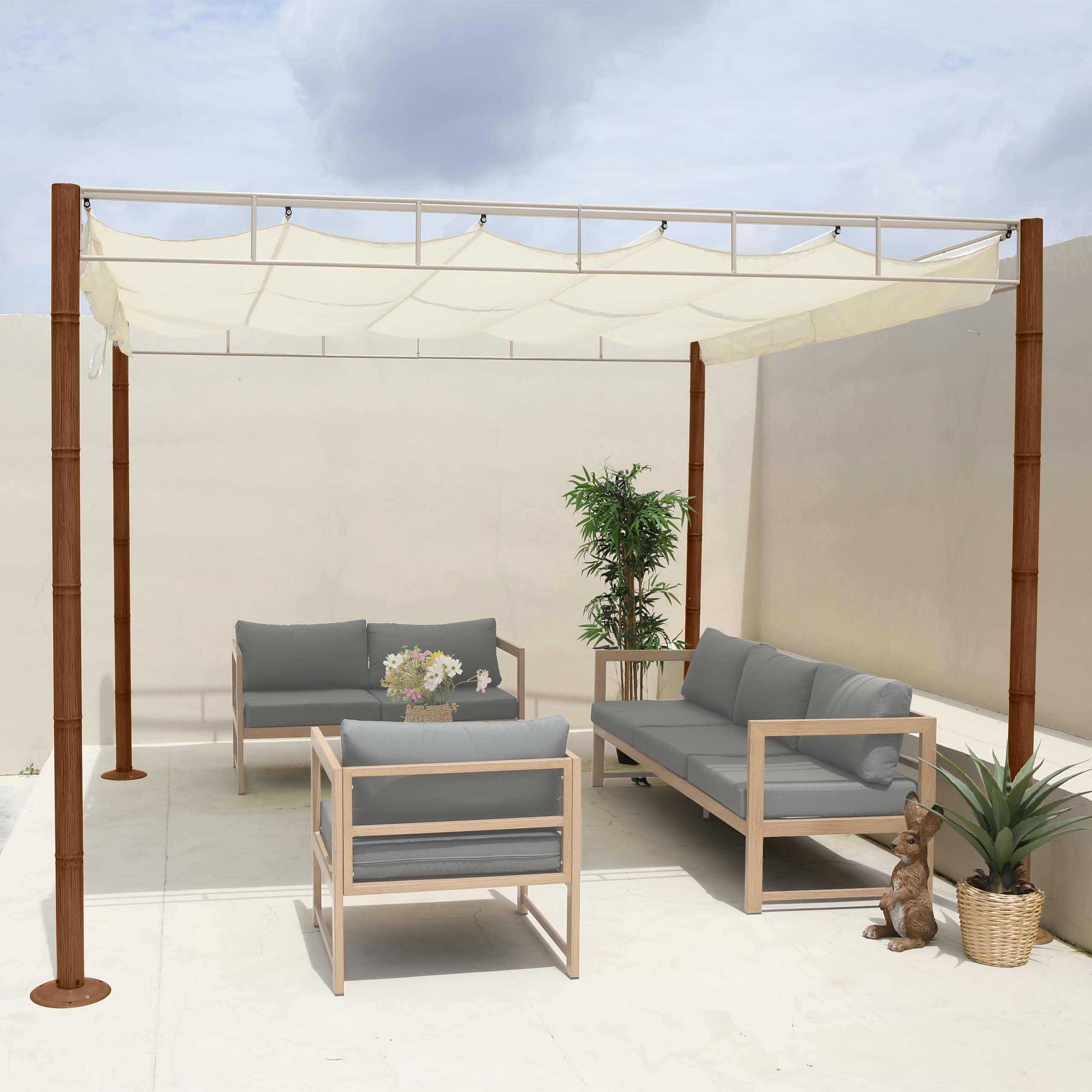Pergola MCW-L42, Garten Pavillon Terrassen&uuml;berdachung, stabiles 7cm-Metall-Gestell 3x3m Bambus-Optik ~ creme-wei&szlig; 