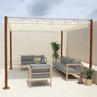 Pergola MCW-L42, Garten Pavillon Terrassenüberdachung, stabiles 7cm-Metall-Gestell 3x3m Bambus-Optik ~ creme-weiß 
