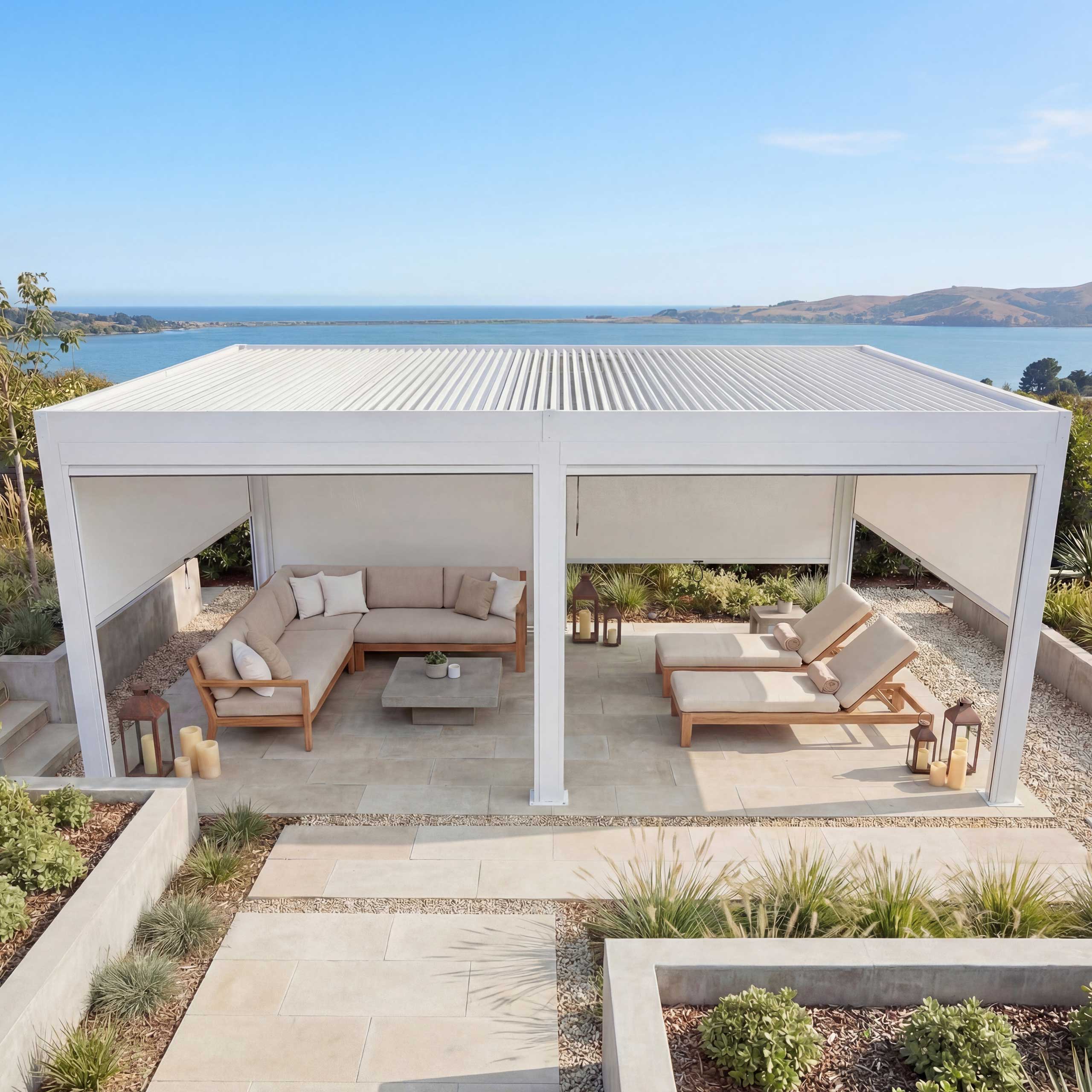 Pergola MCW-L46 mit 6x Seitenwand, Gartenpavillon Lamellen-Pavillon Rollo, 11cm-Alu-Gestell, sturmfest 3x6m ~ wei&szlig; 