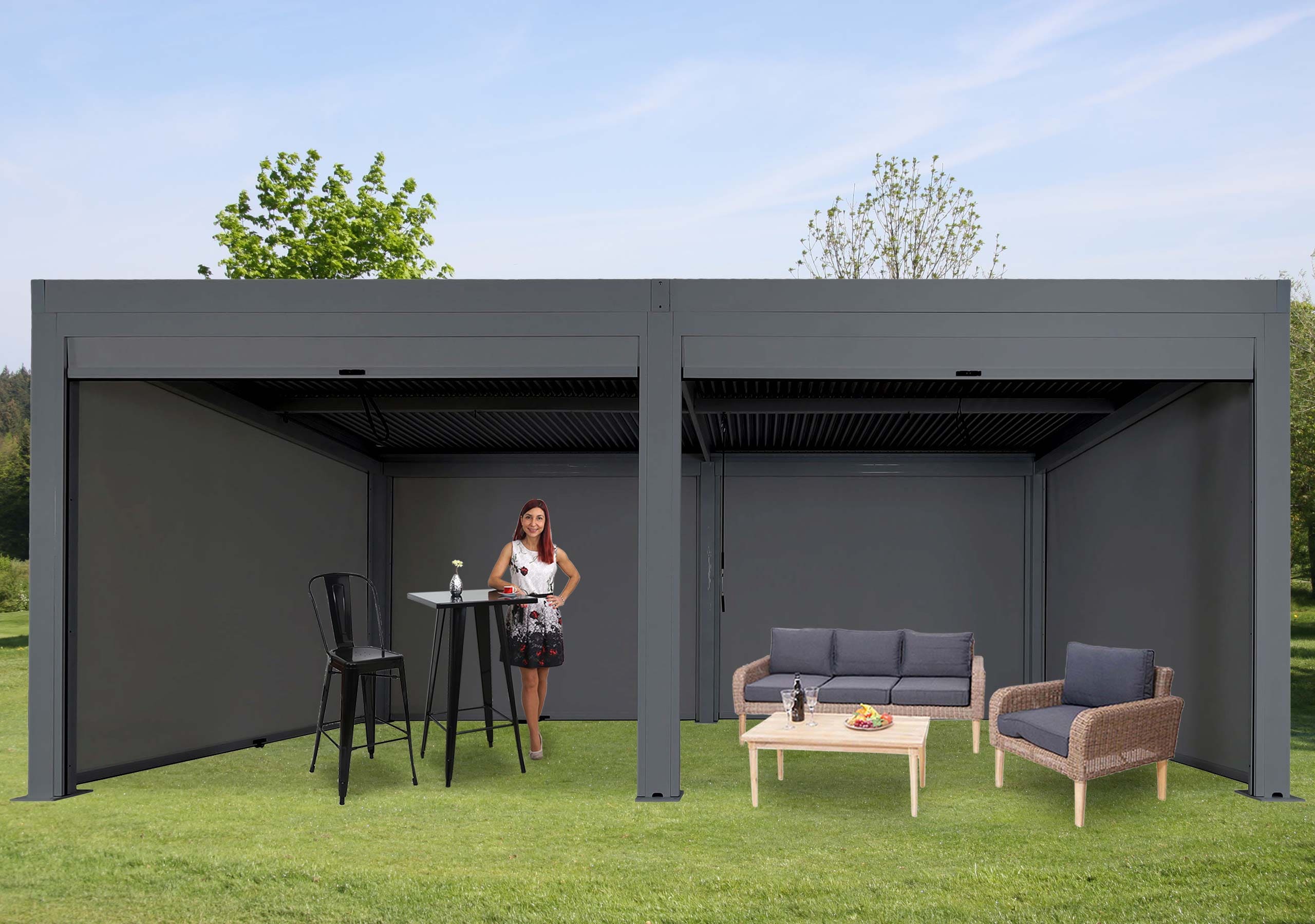 Pergola MCW-L46 mit 6x Seitenwand, Gartenpavillon Lamellen-Pavillon Rollo, 11cm-Alu-Gestell, sturmfest 3x6m ~ anthrazit 