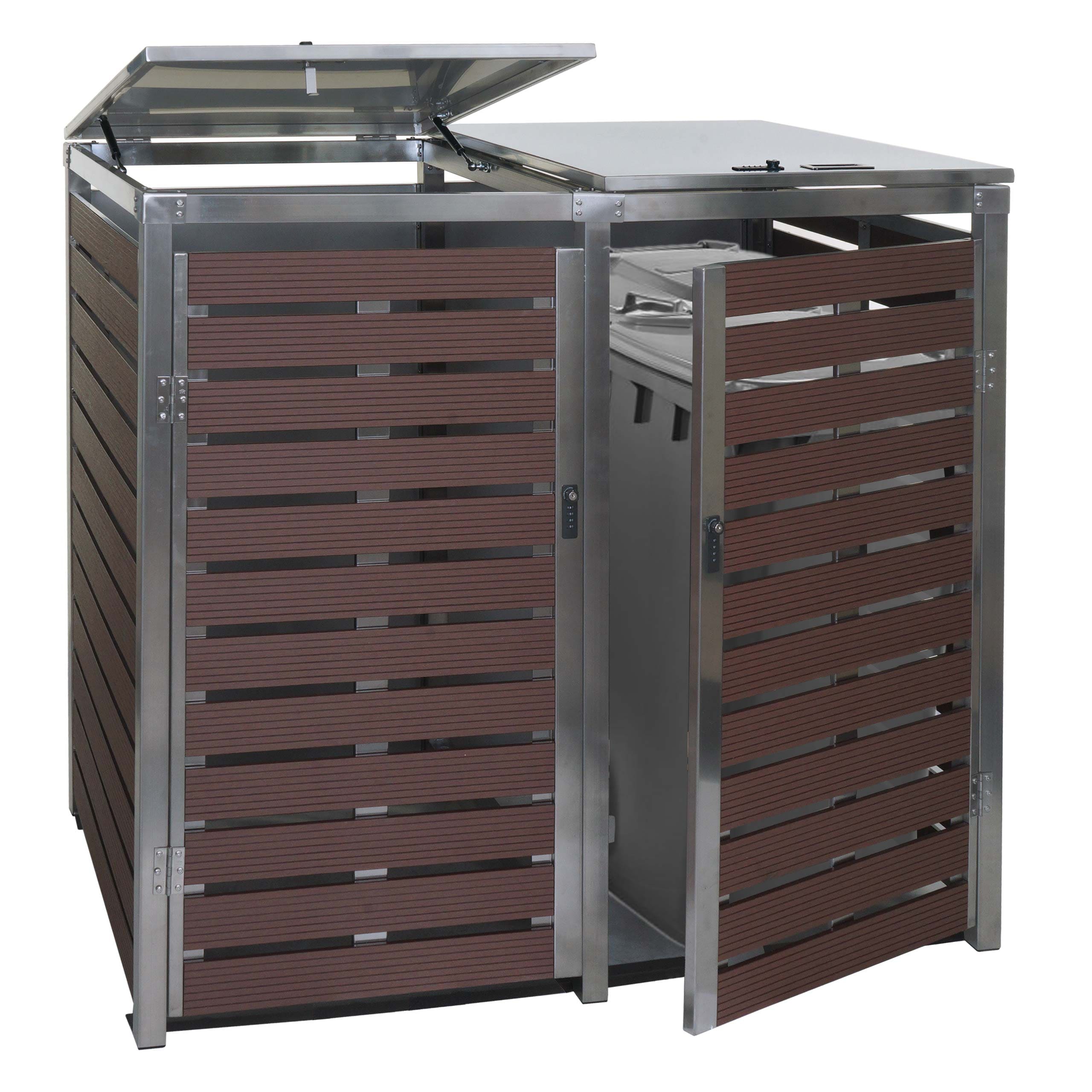 XL 2er/4er M&uuml;lltonnenverkleidung MCW-K14, M&uuml;lltonnenbox, 117x144x102cm WPC Edelstahl 88kg ~ Walnuss-Holzoptik 