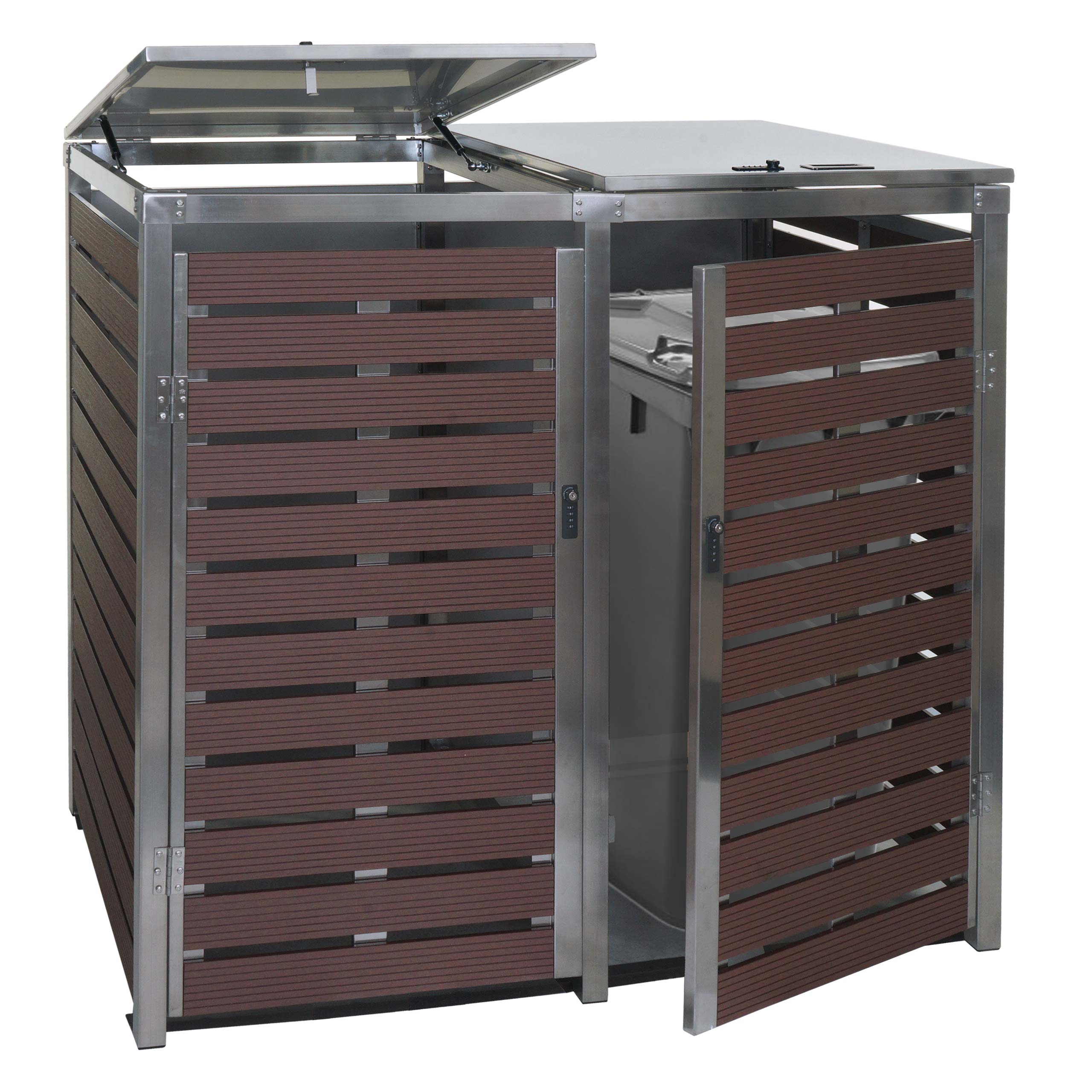 2er M&uuml;lltonnenverkleidung MCW-K14, M&uuml;lltonnenbox, 119x134x84cm WPC Edelstahl 78kg ~ Walnuss-Holzoptik 