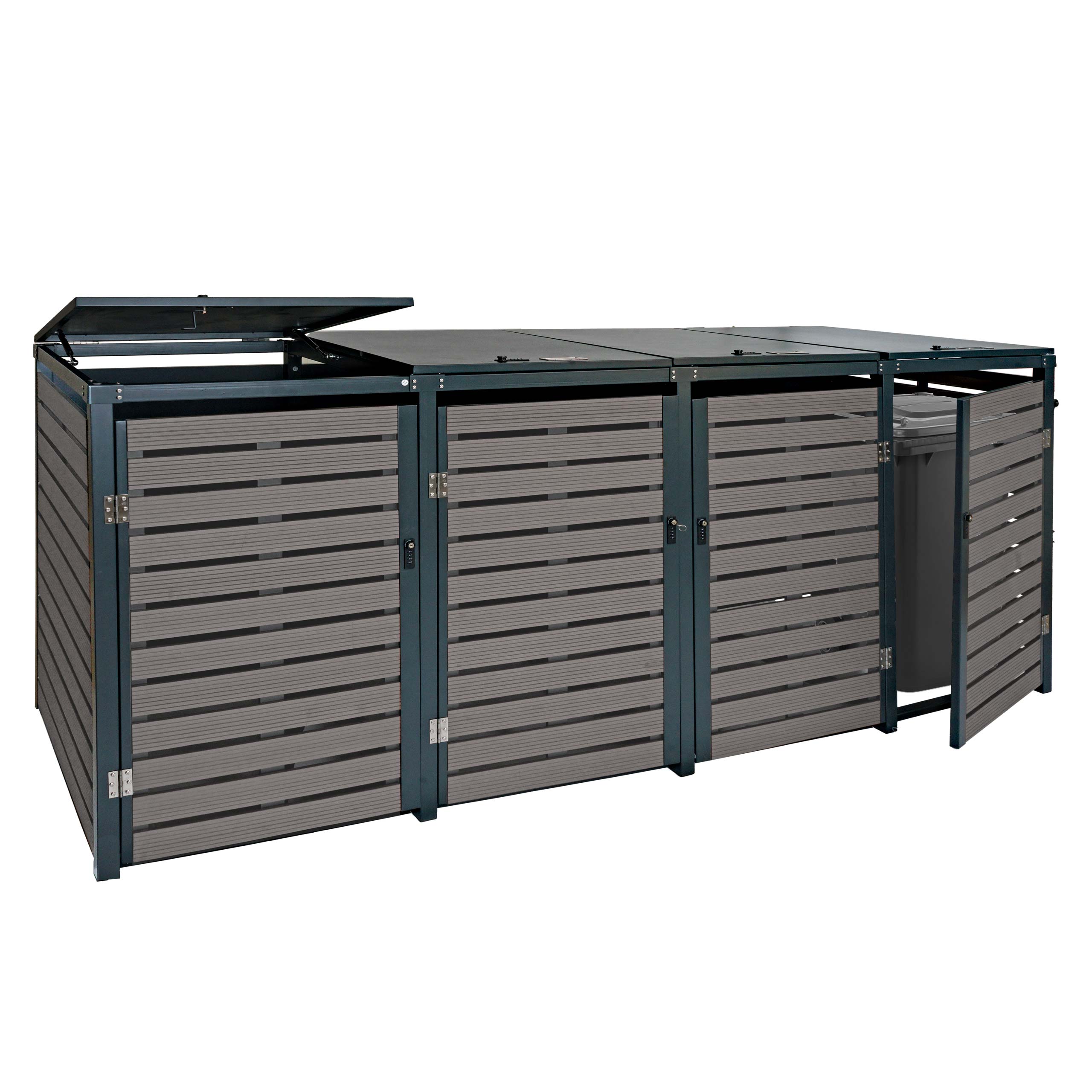 4er M&uuml;lltonnenverkleidung MCW-K14, M&uuml;lltonnenbox M&uuml;lltonnenabdeckung, 119x264x84cm WPC Metall 130kg ~ anthrazit 