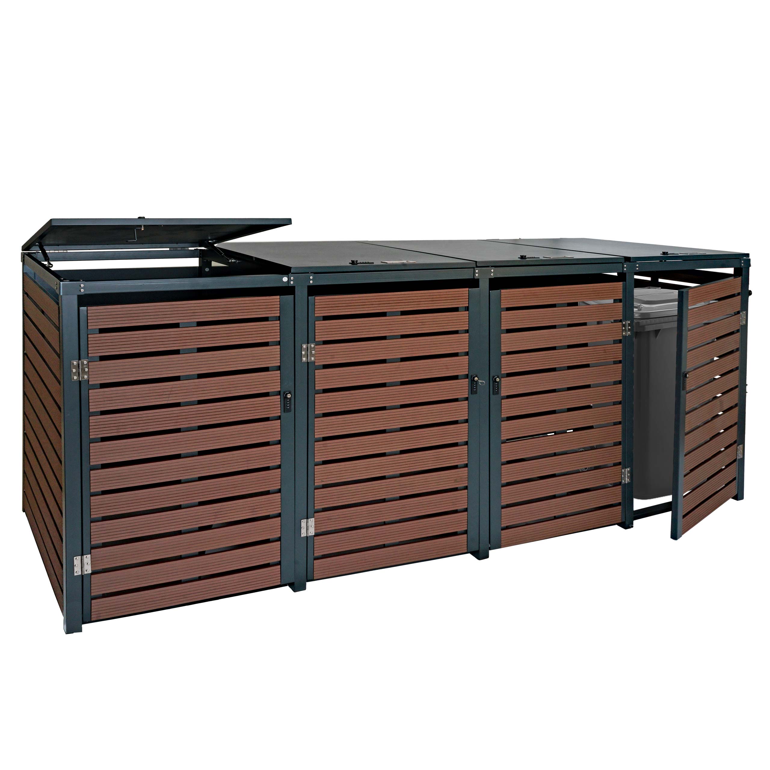 4er M&uuml;lltonnenverkleidung MCW-K14, M&uuml;lltonnenbox M&uuml;lltonnenabdeckung, 119x264x84cm WPC Metall 130kg ~ Walnuss-Holzoptik 