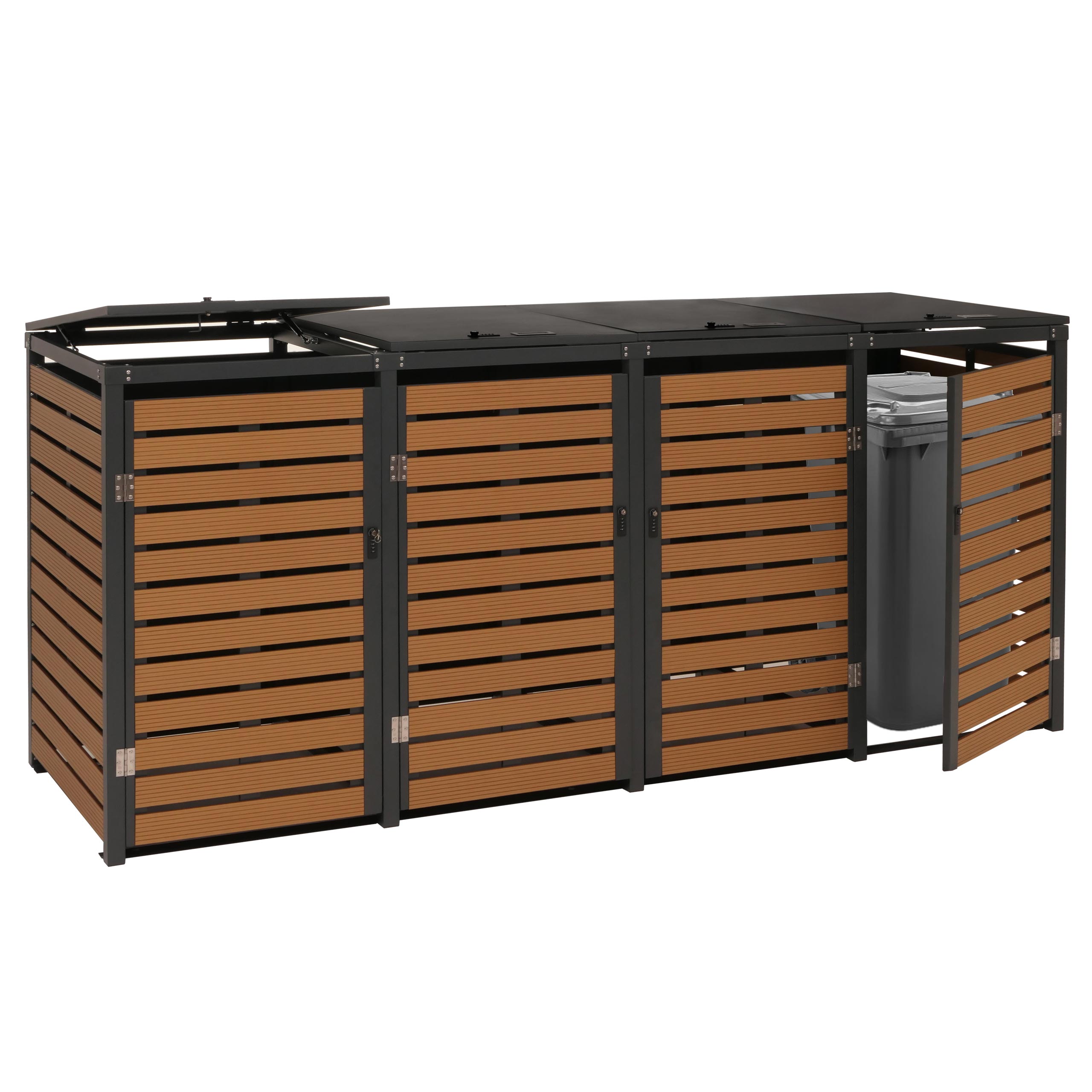 4er M&uuml;lltonnenverkleidung MCW-K14, M&uuml;lltonnenbox M&uuml;lltonnenabdeckung, 119x264x84cm WPC Metall 130kg ~ Teak-Optik 