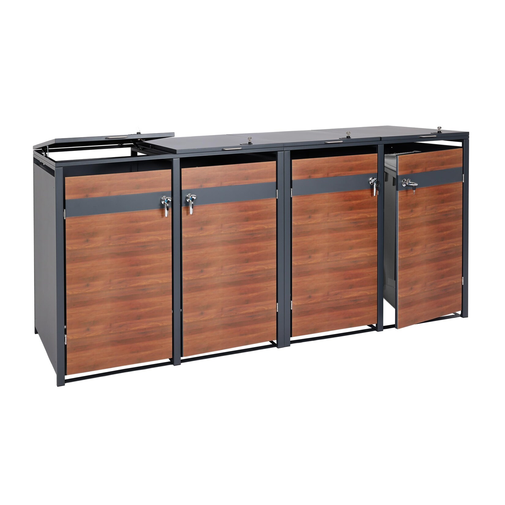 XL 4er/8er-Mülltonnenverkleidung -J82, Mülltonnenbox, Metall , anthrazit ~ Kirsche-Holzoptik dunkelbraun