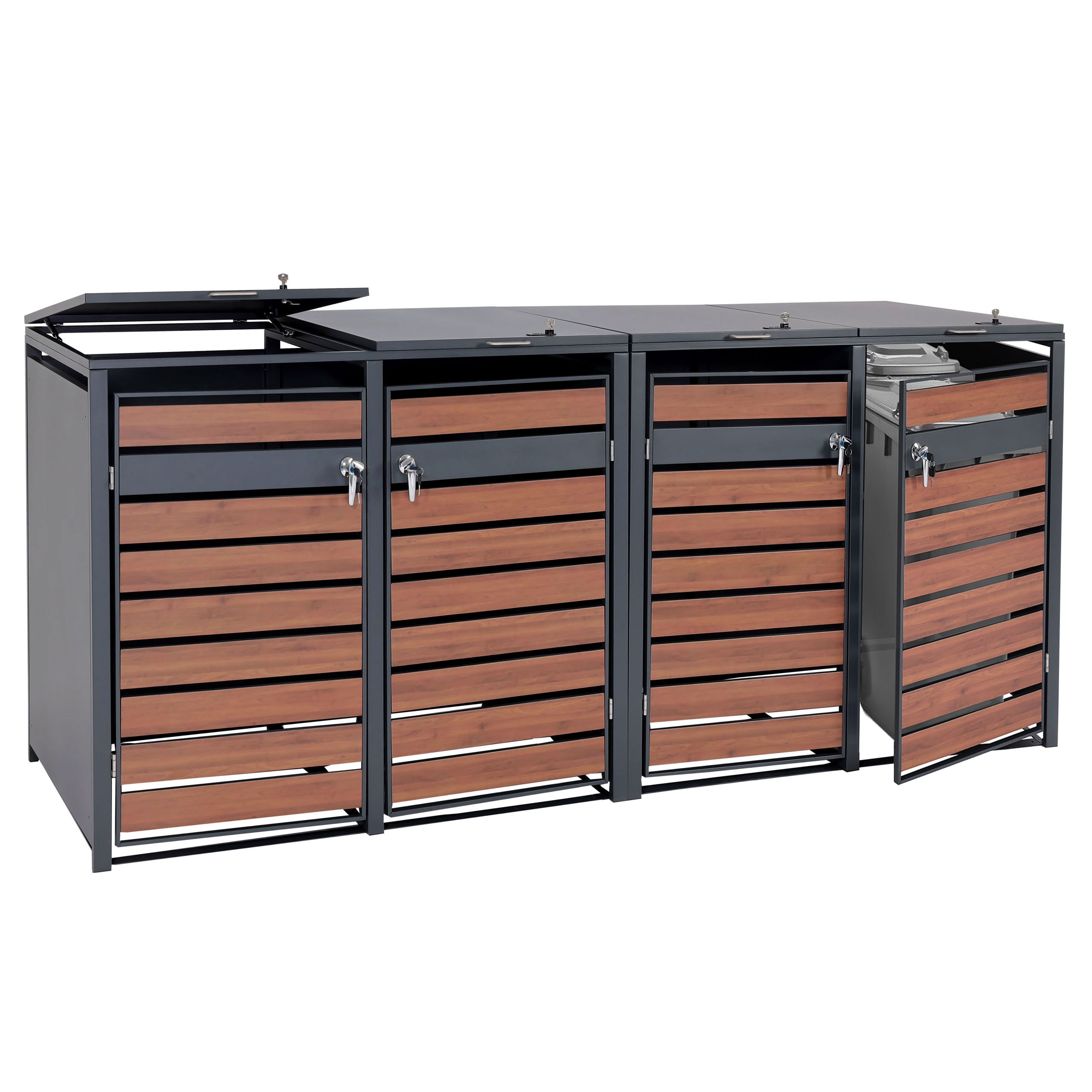 XL 4er/8er-M&uuml;lltonnenverkleidung MCW-J81, M&uuml;lltonnenbox, Metall 118kg anthrazit ~ Kirsche-Holzoptik dunkelbraun 