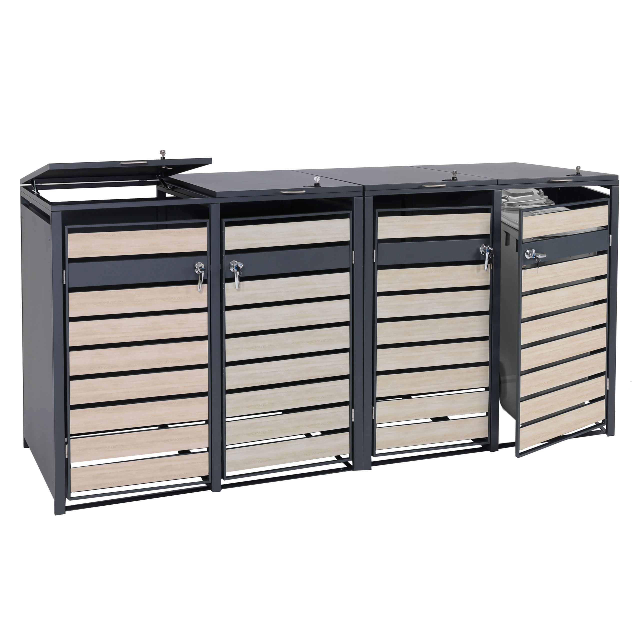 XL 4er/8er-M&uuml;lltonnenverkleidung MCW-J81, M&uuml;lltonnenbox, Metall 118kg anthrazit ~ Buche-Holzoptik hellbraun 