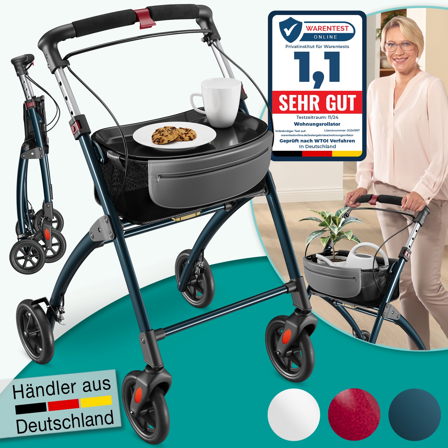 ELONEO Wohnungsrollator 54cm breit, faltbar und leicht, inkl. Tablett & Stoffkorb &raquo;Premium&laquo;, anthrazit 