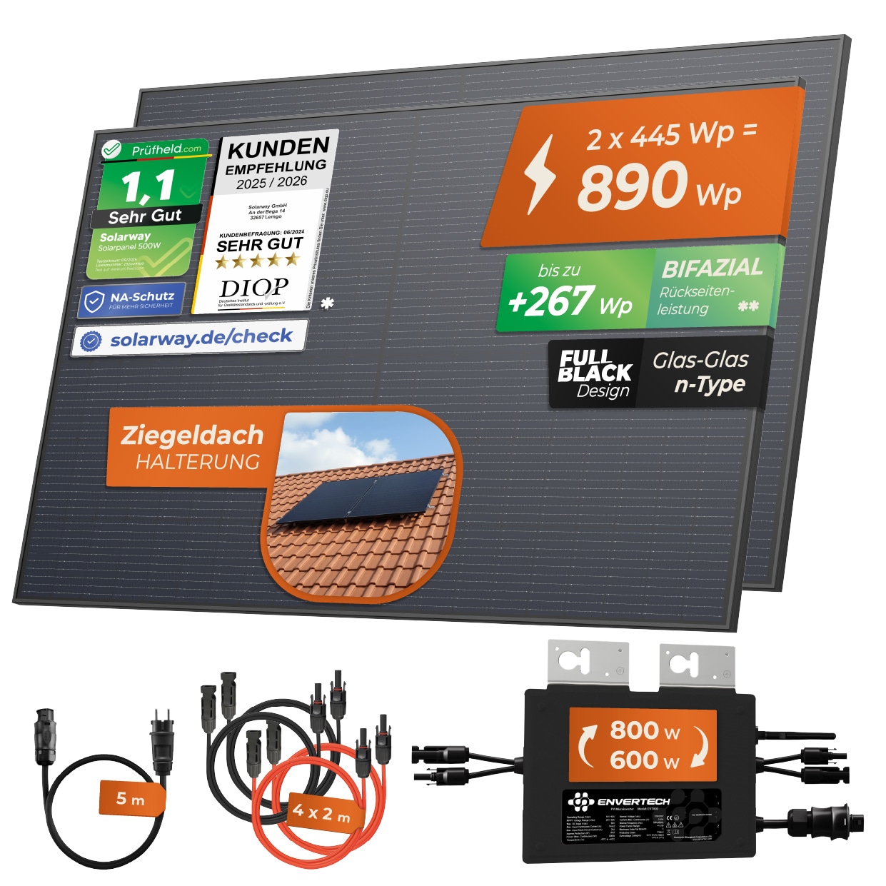 Solarway&reg; 890W Balkonkraftwerk 800W komplett Steckdose - neuester 800 Watt Wechselrichter - Solaranlage Komplettset - 445W bifaziale Solarmodule & Envertech & Zubeh&ouml;r 