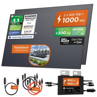 Solarway® 1000W Balkonkraftwerk 800W komplett Steckdose - neuester 800 Watt Wechselrichter - Solaranlage Komplettset - 500W bifaziale Solarmodule & Envertech & Zubehör 