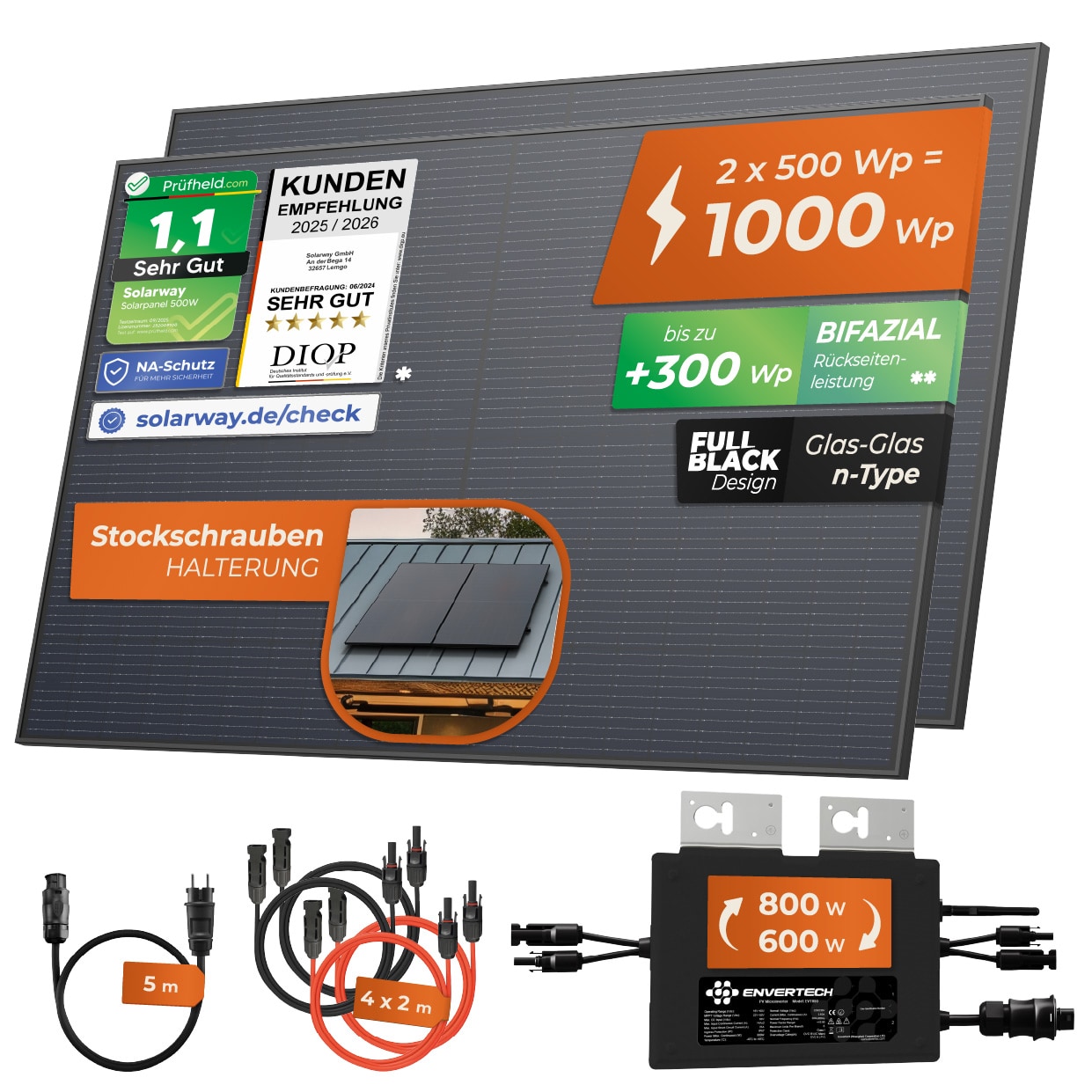 Solarway&reg; 1000W Balkonkraftwerk 800W komplett Steckdose - neuester 800 Watt Wechselrichter - Solaranlage Komplettset - 500W bifaziale Solarmodule & Envertech & Zubeh&ouml;r 
