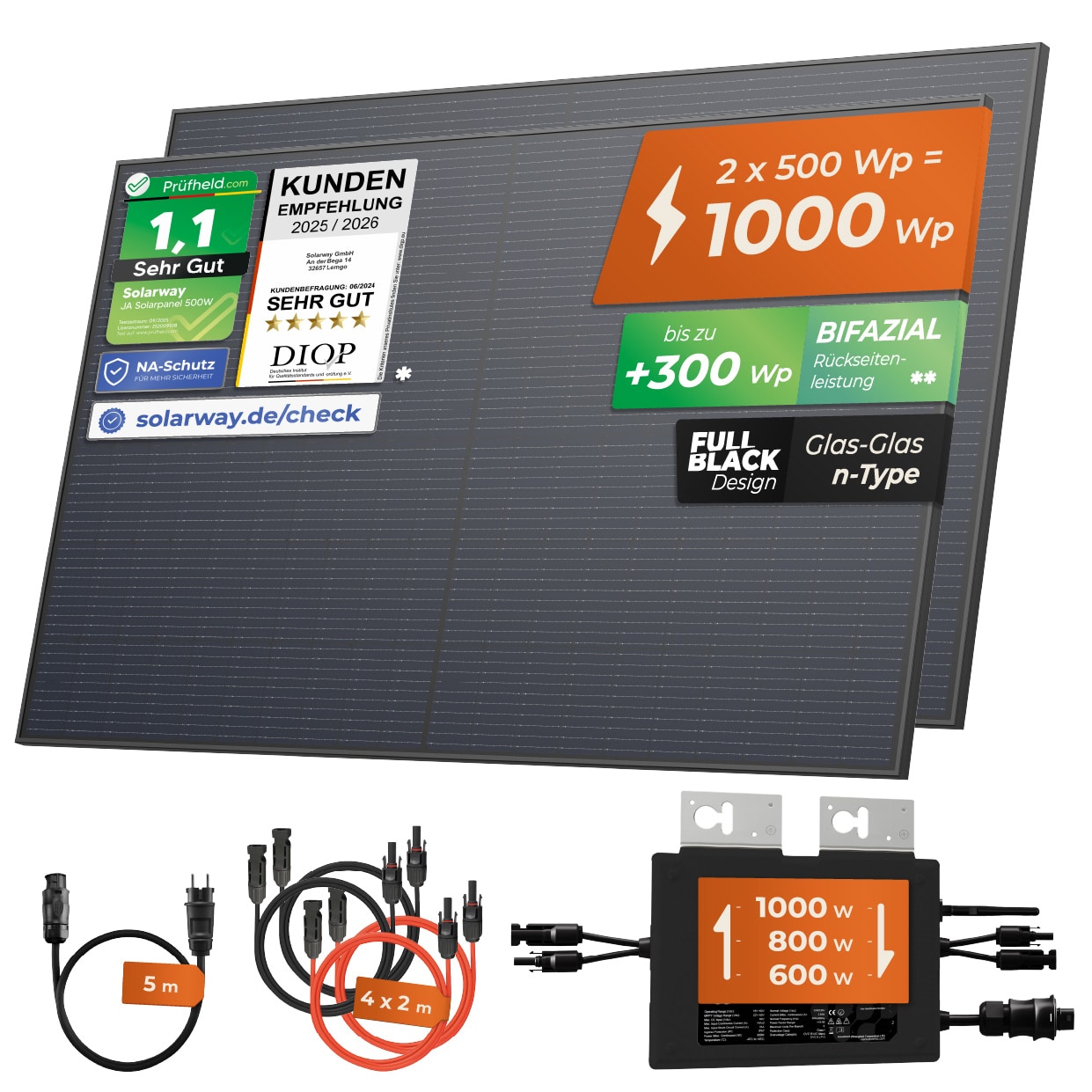 Solarway&reg; Balkonkraftwerk 1000W komplett Steckdose - neuester 1000 Watt Wechselrichter - Solaranlage Komplettset - 500W bifaziale Solarmodule & Envertech & Zubeh&ouml;r 