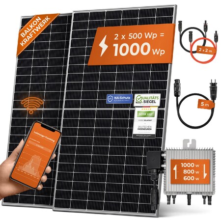 Solarway Balkonkraftwerk 1000W Komplett Set, 600/800/1000W Ausgang  einstellbar, 2x500W JaSolar-Module, Deye + APP/WIFI