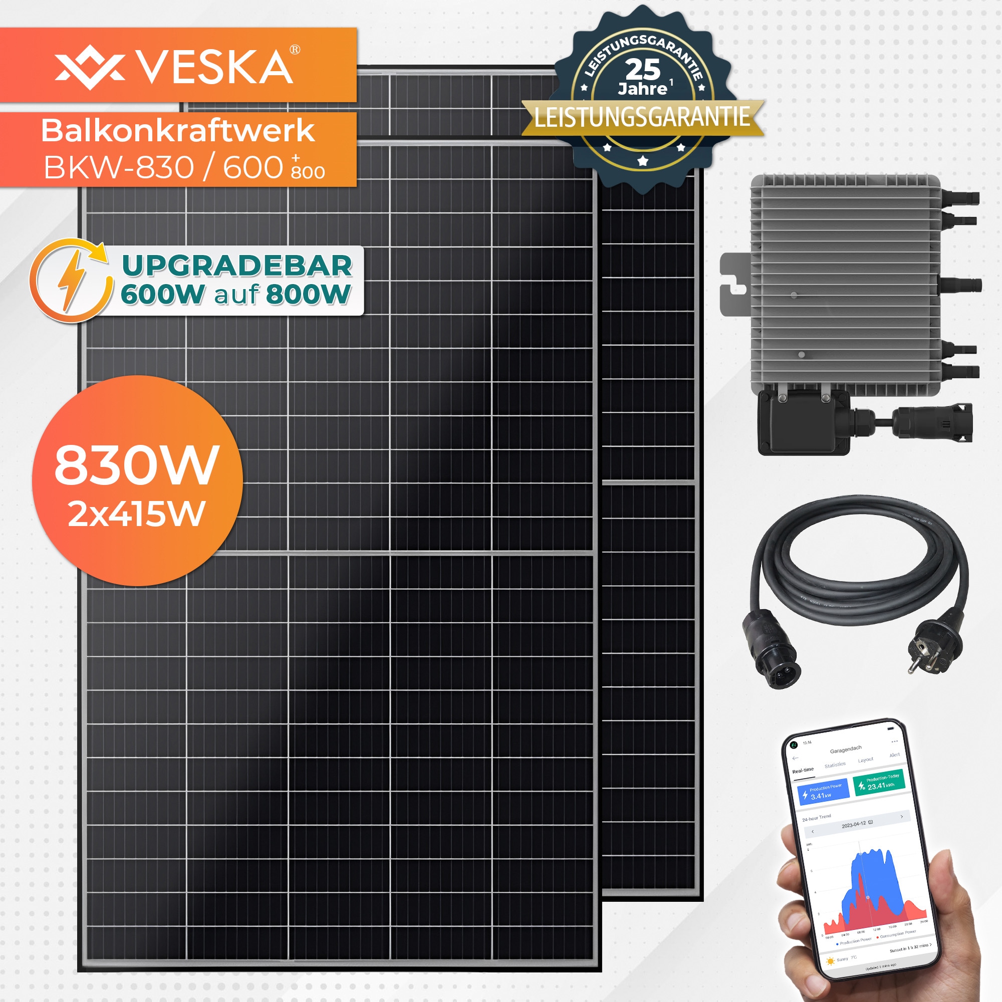 Veska Balkonkraftwerk 830 W / 600+800W Photovoltaik Solaranlage Steckerfertig WIFI Smarte Mini-PV Anlage 600 Watt genehmigungsfrei, Schwarz 