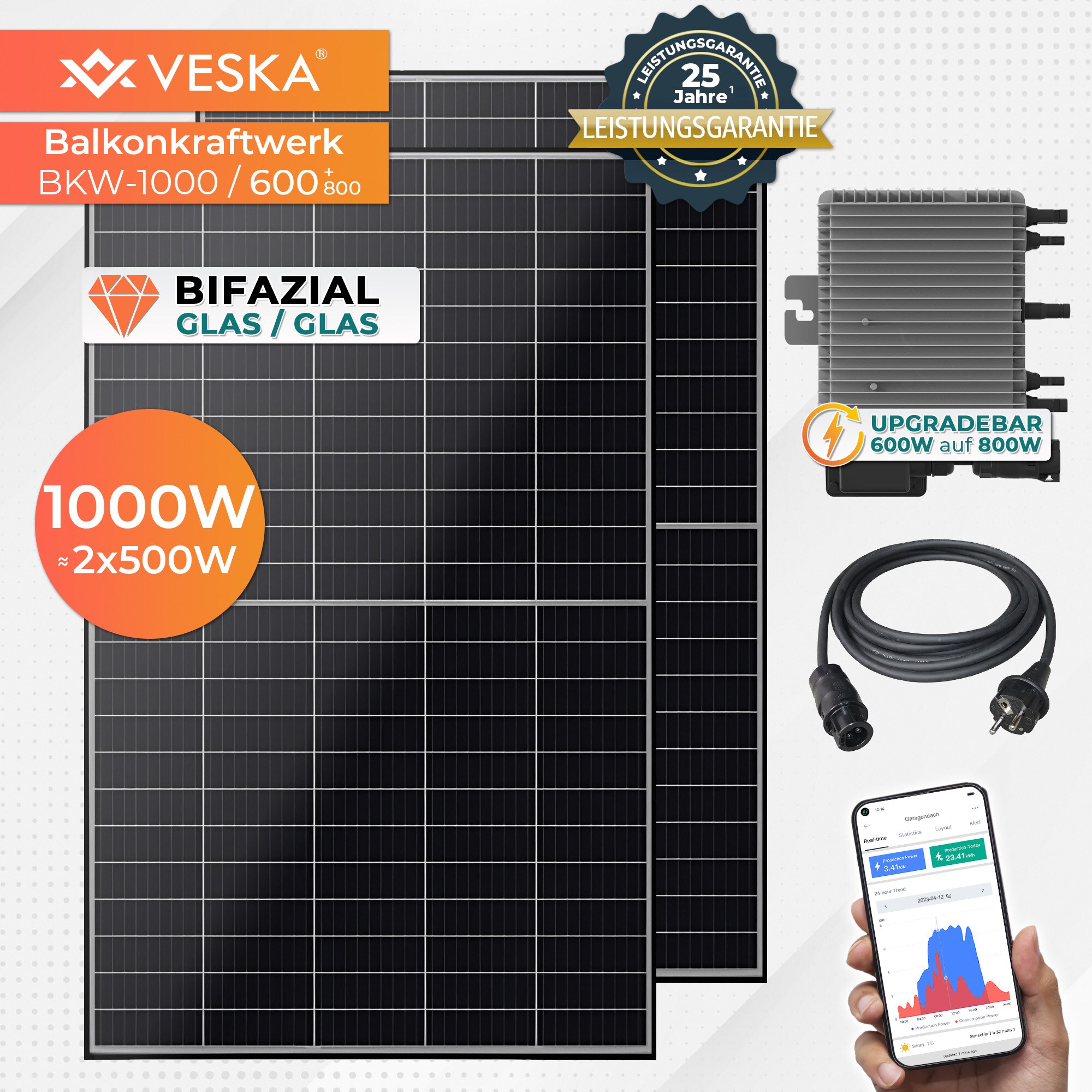 Balkonkraftwerk 1000/600+800W upgradef&auml;hig Bifazial Photovoltaik Solaranlage WIFI Smarte Mini-PV Anlage 