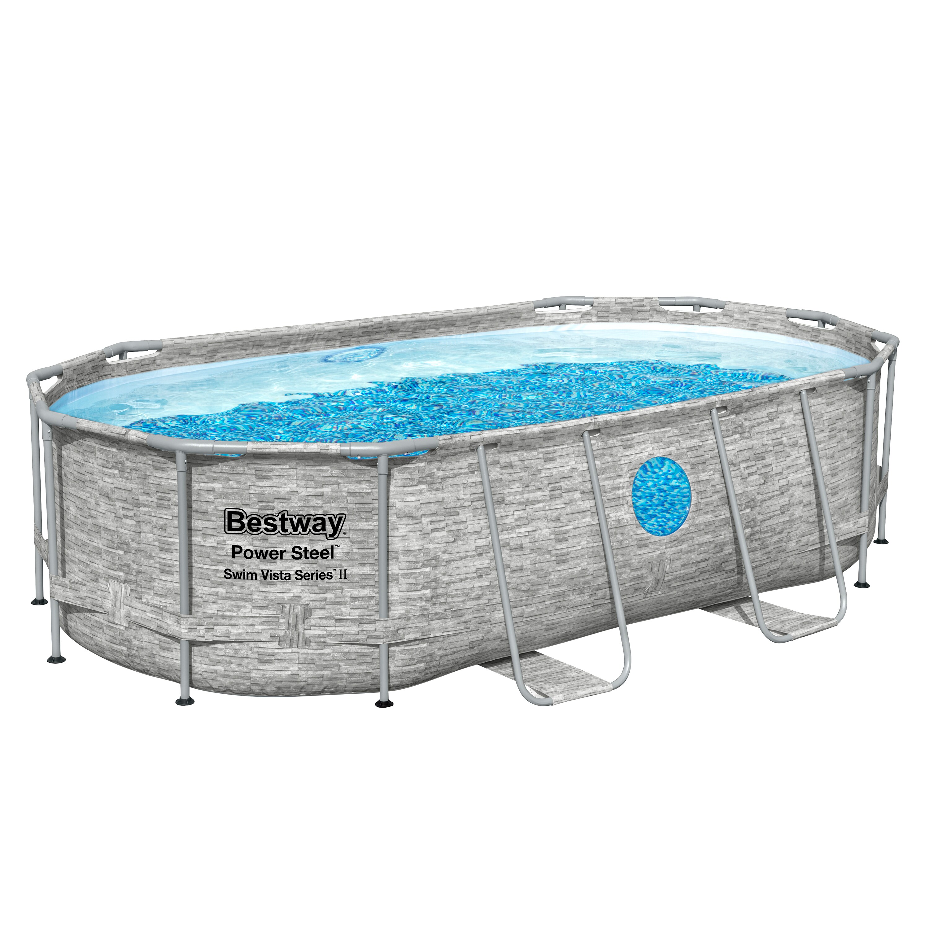 Bestway&reg; Power Steel&trade; Swim Vista Series&trade; Frame Pool Komplett-Set mit Filterpumpe 427 x 250 x 100 cm, Steinwand-Optik (Cremegrau), oval 
