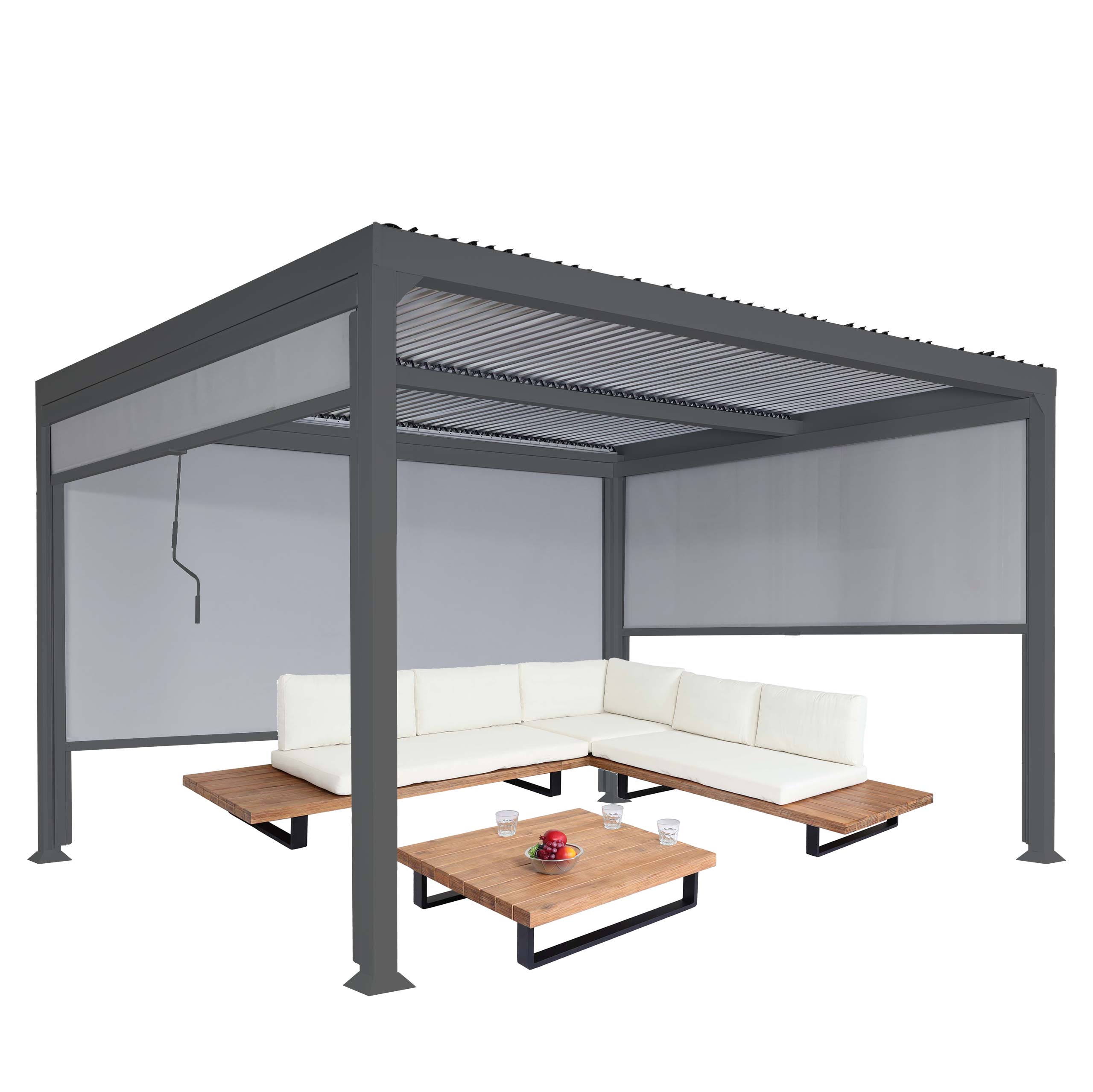 Alu Pergola MCW-L41 mit 3x Seitenwand, Lamellen-Pavillon, stabiles 8cm-Metall-Gestell 3x3,7m ~ anthrazit 