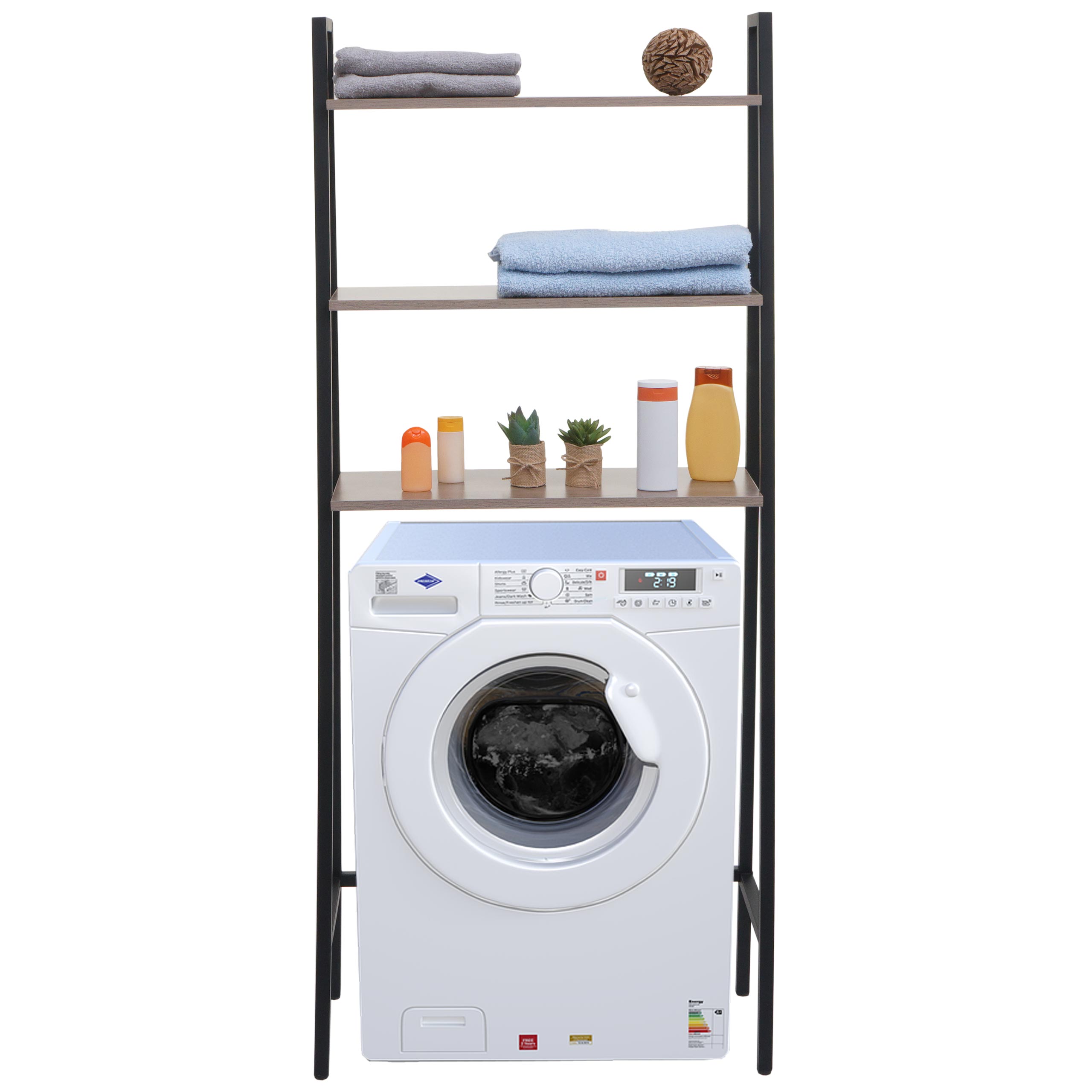 Standregal MCW-K82, Badregal Waschmaschinen-Regal Leiterregal, Industrial Metall Holz 155x64x25cm ~ grau-braun 