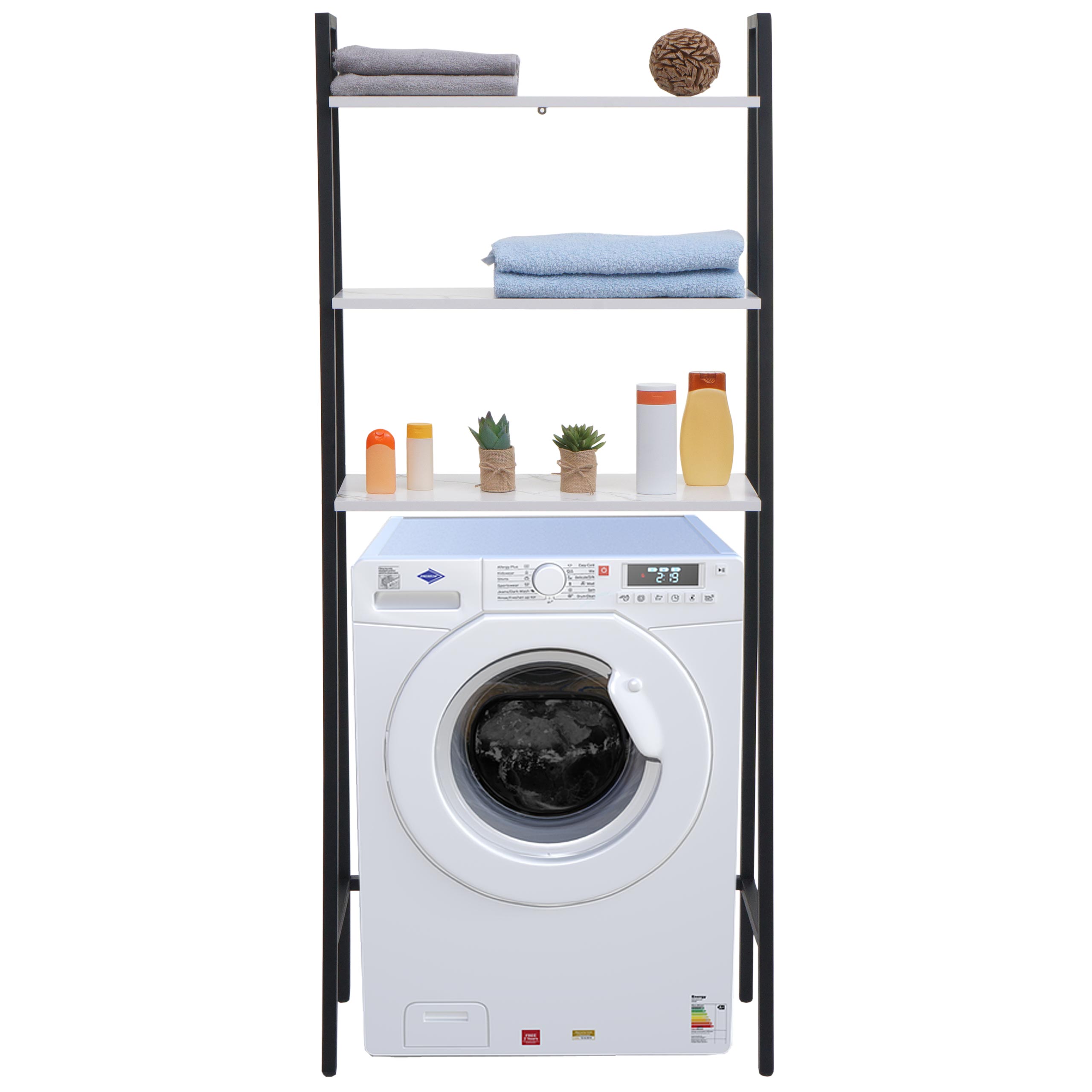 Standregal MCW-K82, Badregal Waschmaschinen-Regal Leiterregal, Industrial Metall Holz 155x64x25cm ~ Marmor-Optik wei&szlig; 