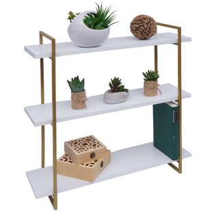 Wandregal MCW-K78, Hängeregal Schweberegal, 3 Regalböden Metall Massiv-Holz Industrial 60x60x18cm ~ weiß, Metall gold 