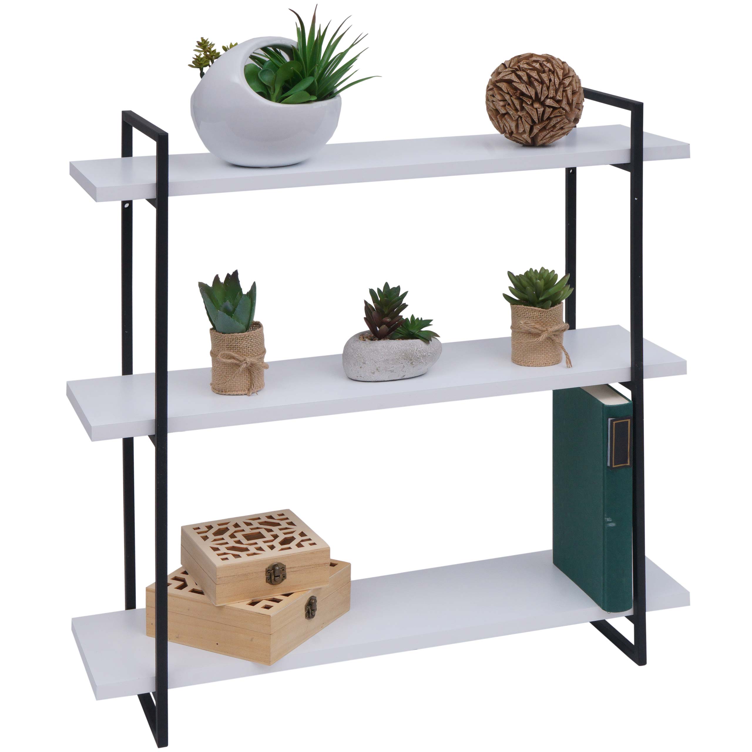 Wandregal MCW-K78, H&auml;ngeregal Schweberegal, 3 Regalb&ouml;den Metall Massiv-Holz Industrial 60x60x18cm ~ wei&szlig;, Metall schwarz 