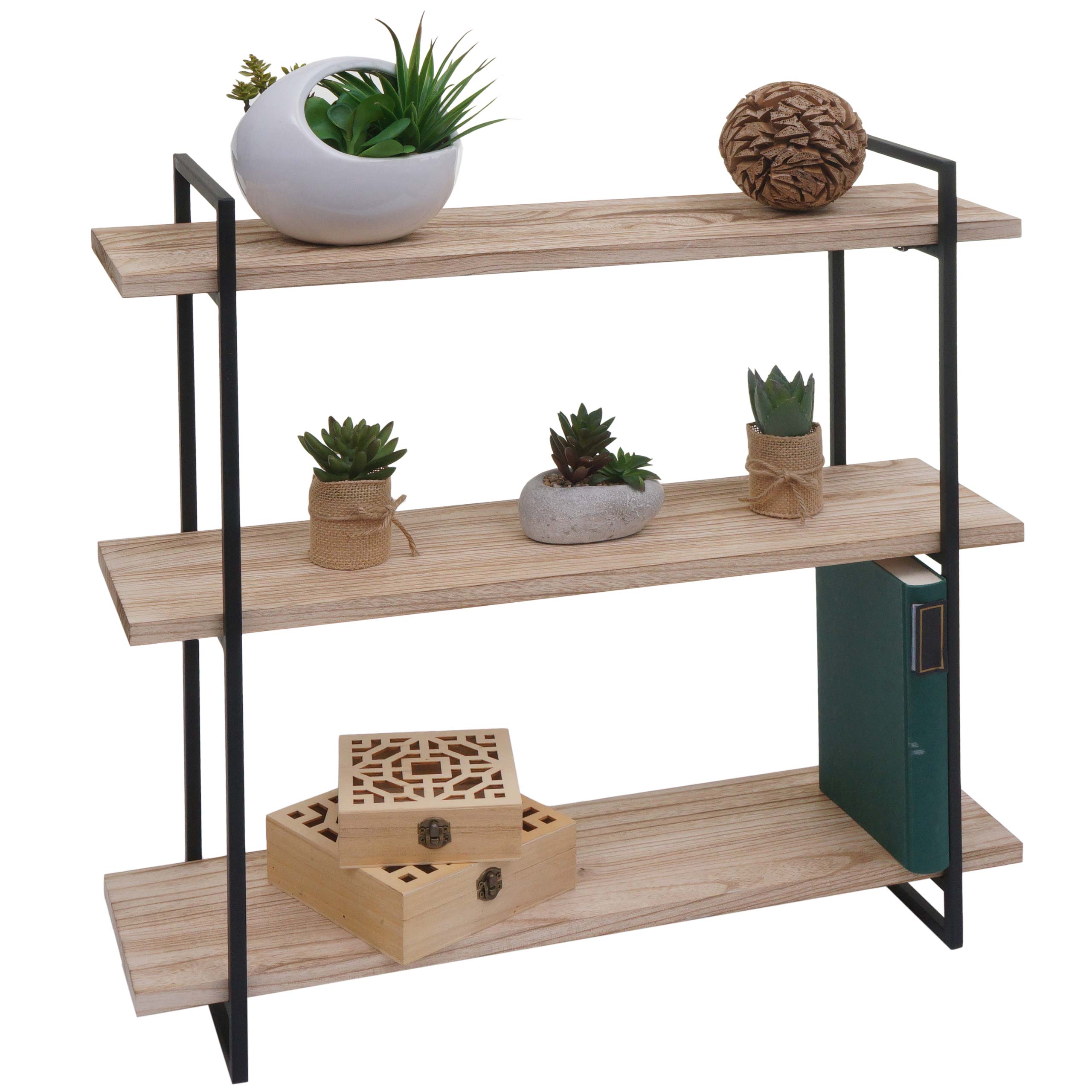 Wandregal MCW-K78, H&auml;ngeregal Schweberegal, 3 Regalb&ouml;den Massiv-Holz Industrial 60x60x18cm ~ natur, Metall schwarz 