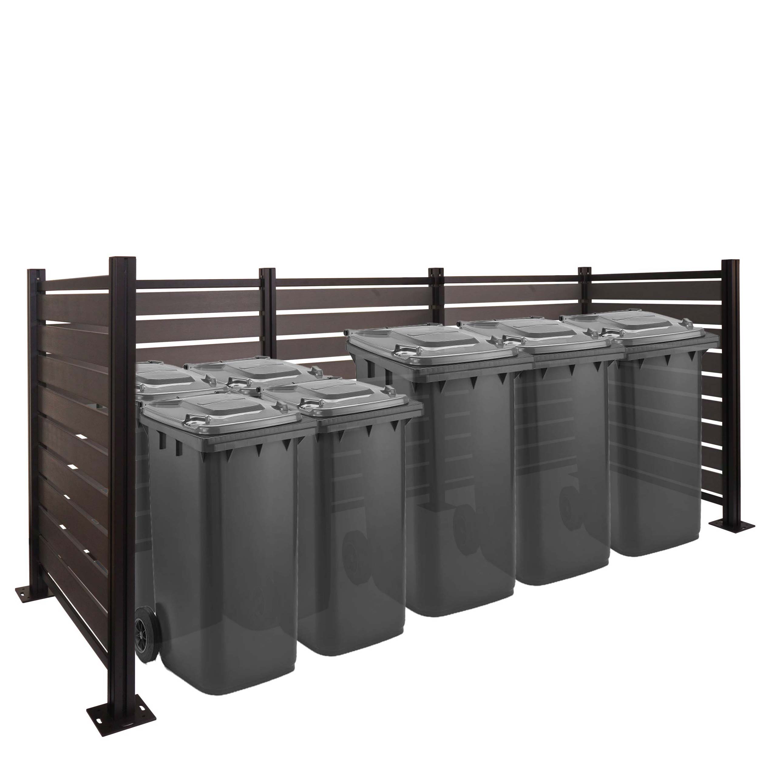 Alu M&uuml;lltonnen-Zaun MCW-K57, M&uuml;lltonnenverkleidung, Holzoptik erweiterbar 130x300x110cm ~ grau 