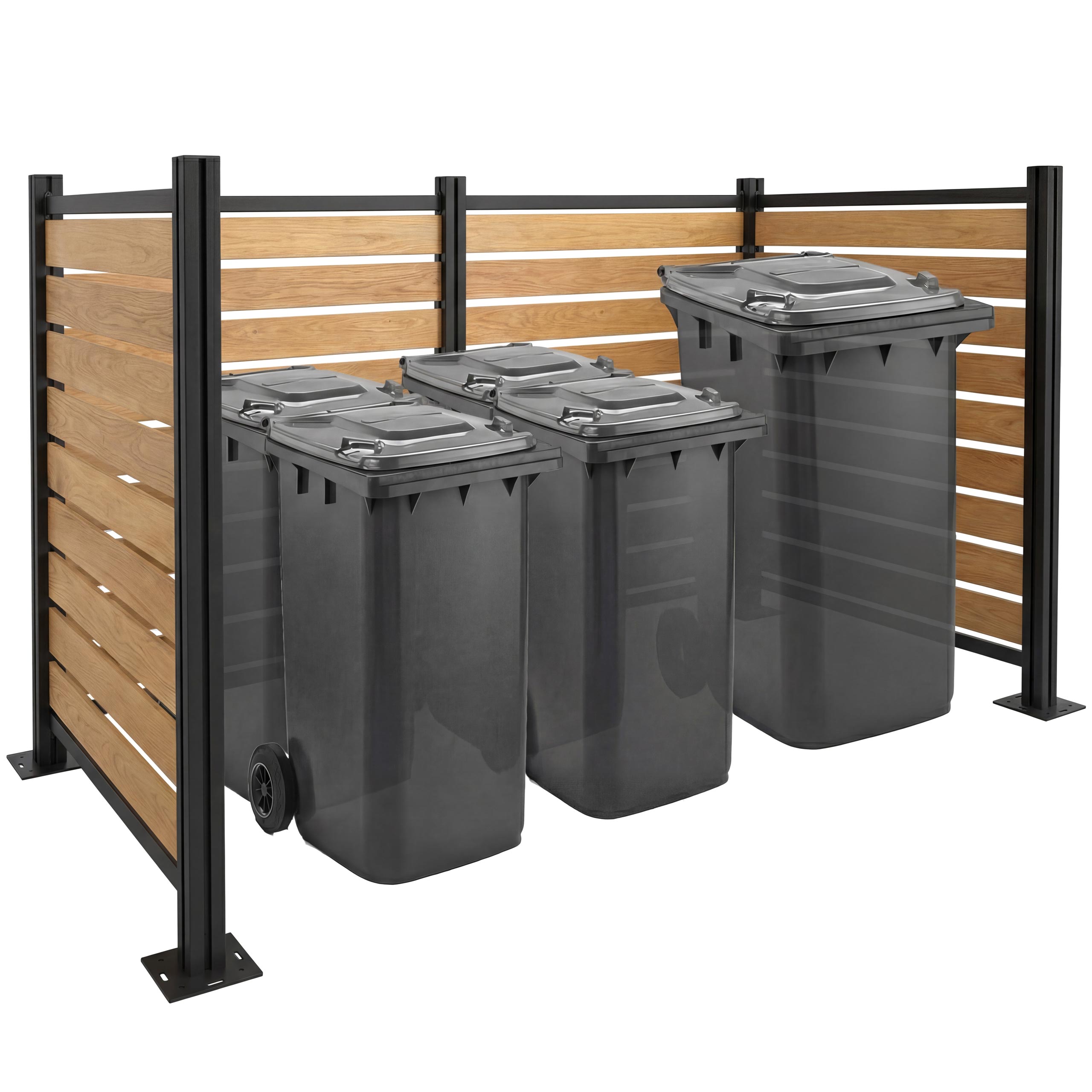 Alu M&uuml;lltonnen-Zaun MCW-K57, M&uuml;lltonnenverkleidung, Holzoptik erweiterbar 130x206x110cm ~ hellbraun 
