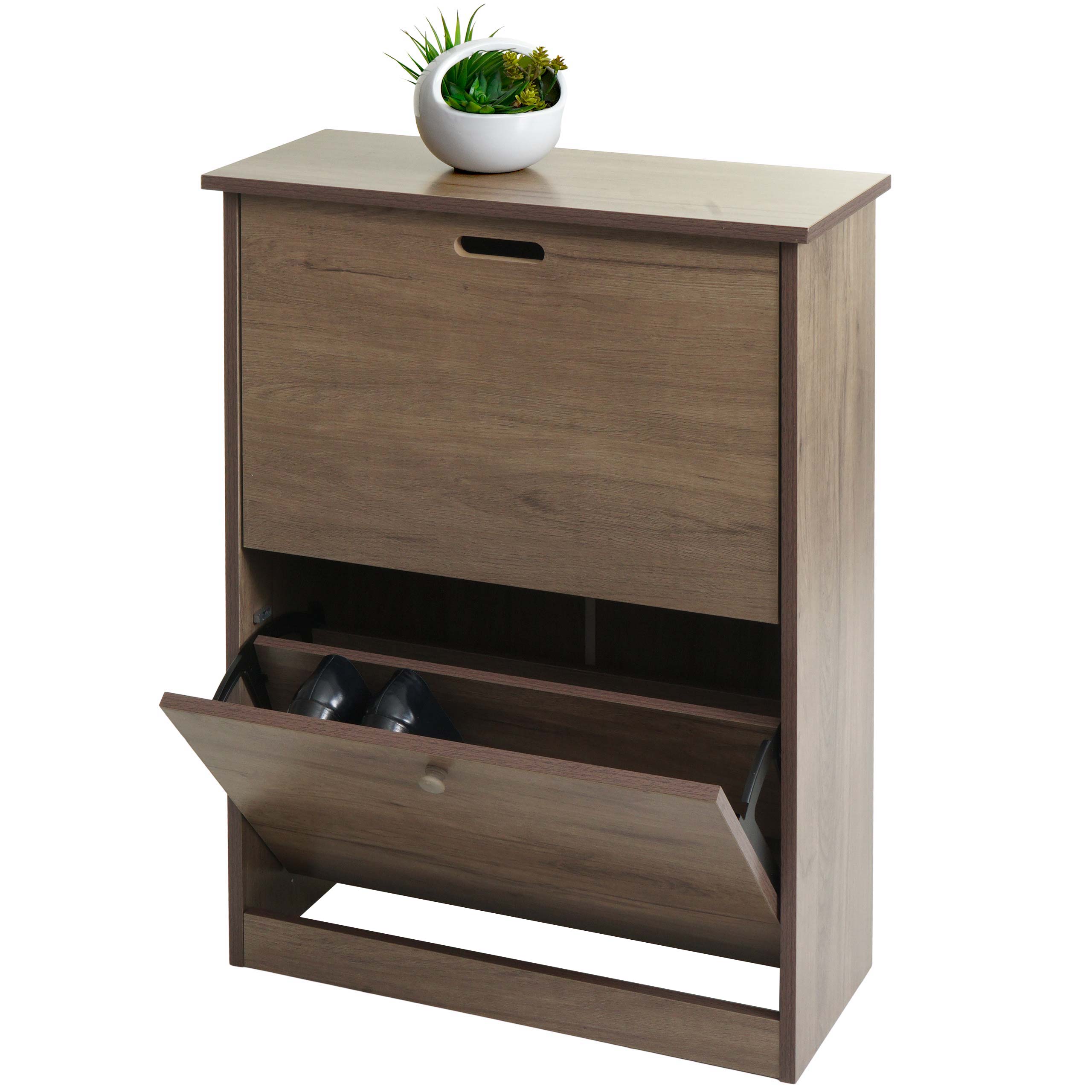 Schuhkipper MCW-K45, Schuhschrank Schuhregal, 81x60x25cm 2 Klappen, MDF aus Paulownia ~ grau-braun 