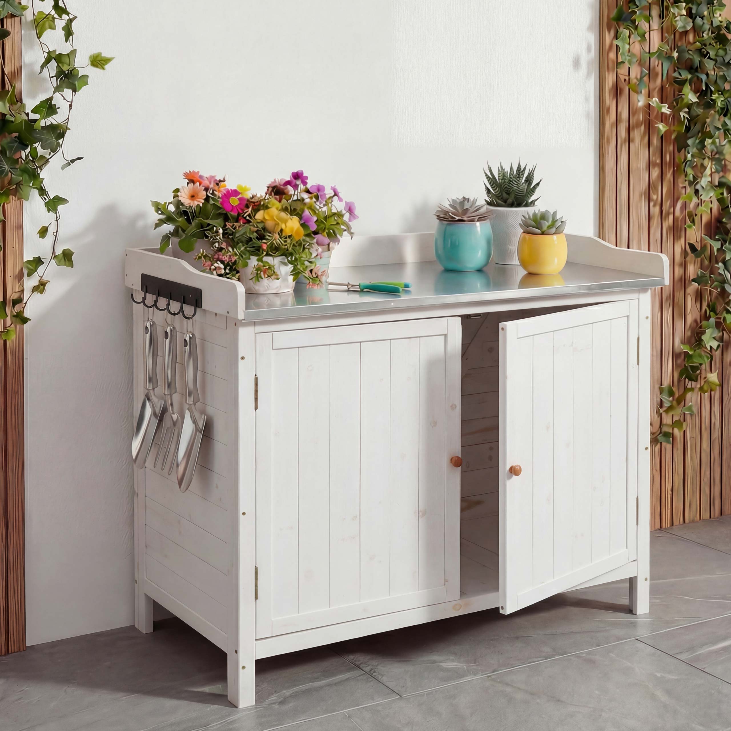 Gartenschrank mit Arbeitsplatte MCW-L69, Pflanztisch, Outdoor Tanne Holz MVG-zertifiziert 86x104x52cm ~ wei&szlig; 