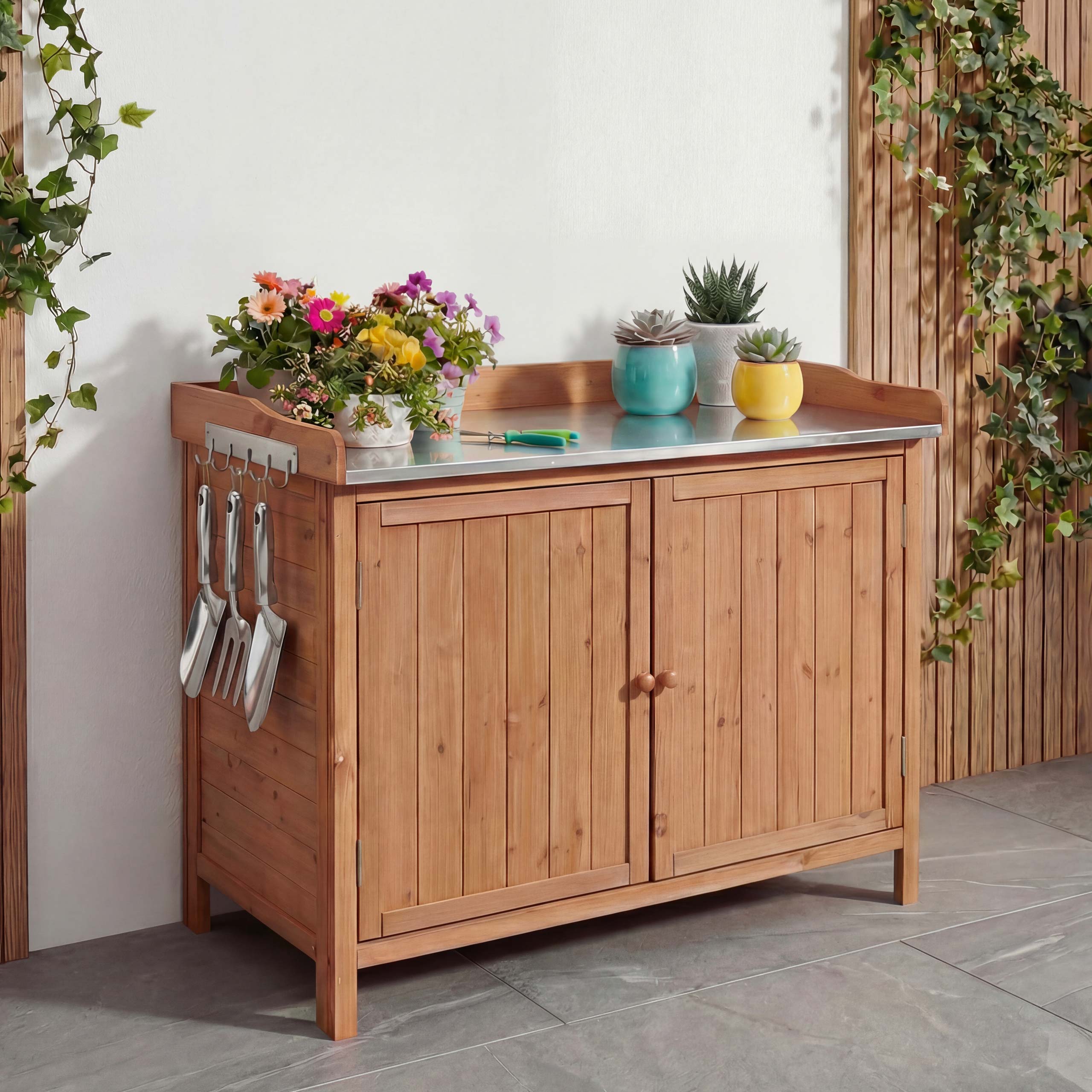 Gartenschrank mit Arbeitsplatte MCW-L69, Pflanztisch, Outdoor Tanne Holz MVG-zertifiziert 86x104x52cm ~ braun 