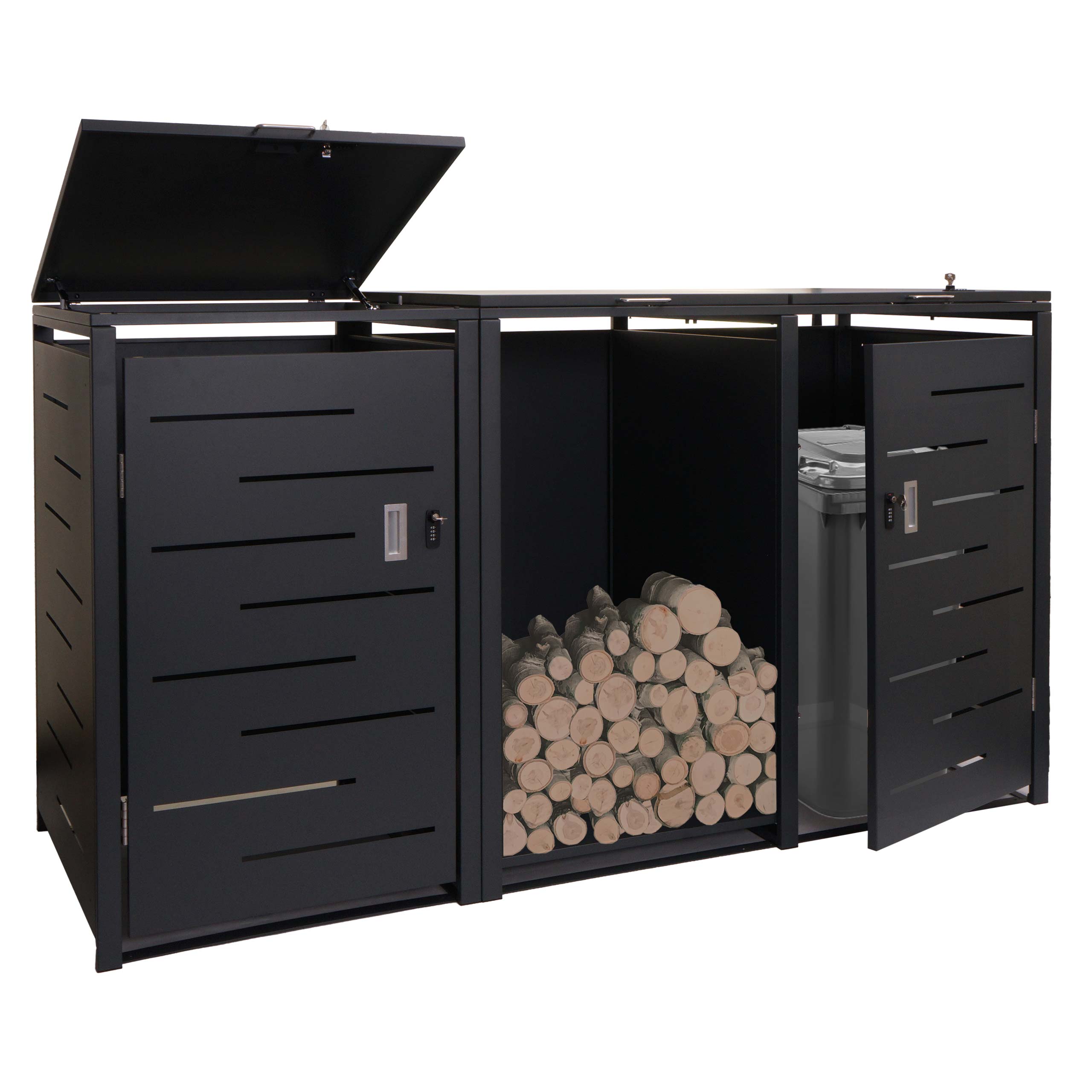 2er M&uuml;lltonnenverkleidung mit Brennholzregal MCW-E83, M&uuml;lltonnenbox, erweiterbar 117x198x82cm 80kg~ anthrazit, Stahl 