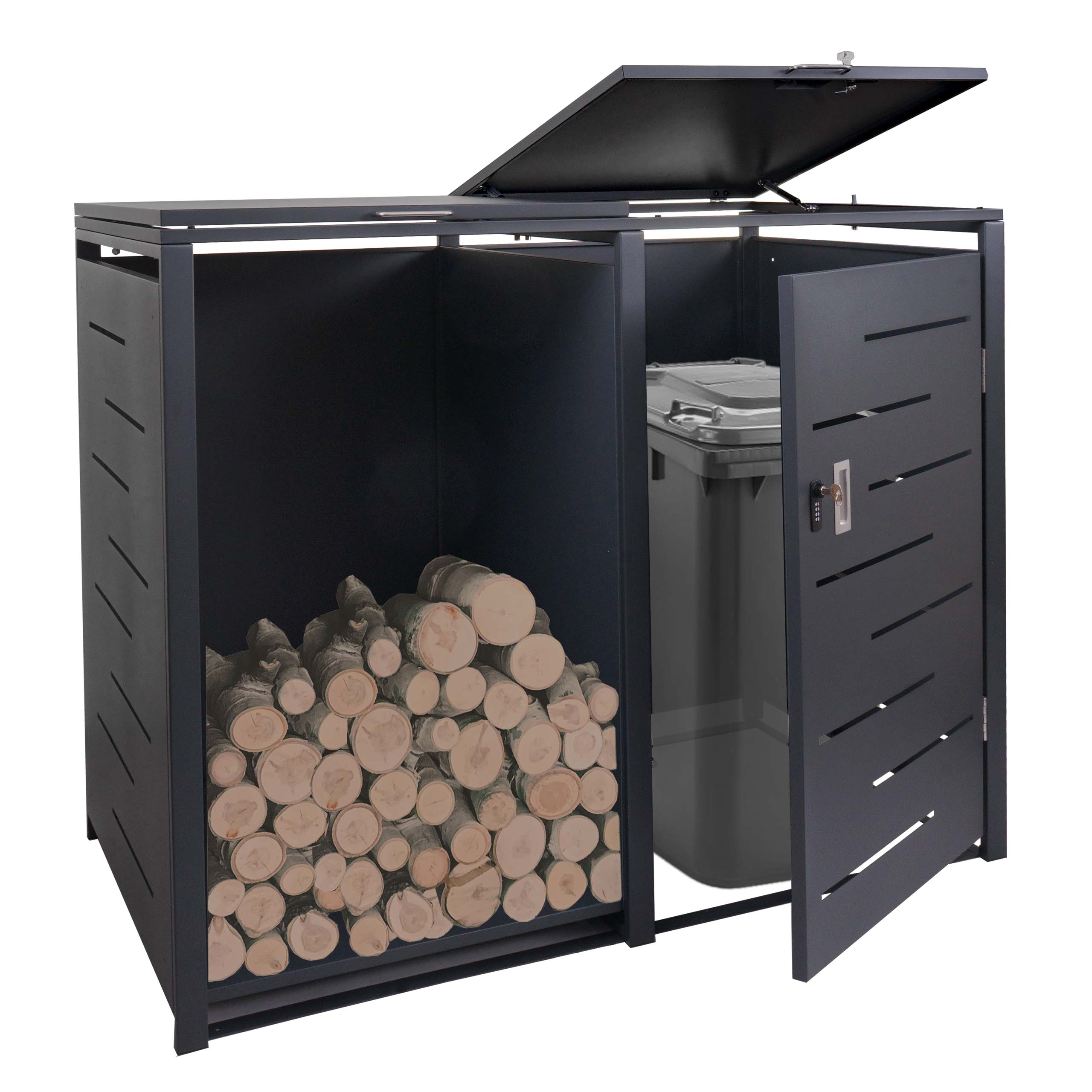 M&uuml;lltonnenverkleidung mit Brennholzregal MCW-E83, M&uuml;lltonnenbox, erweiterbar 117x132x82cm 52kg ~ anthrazit, Stahl 