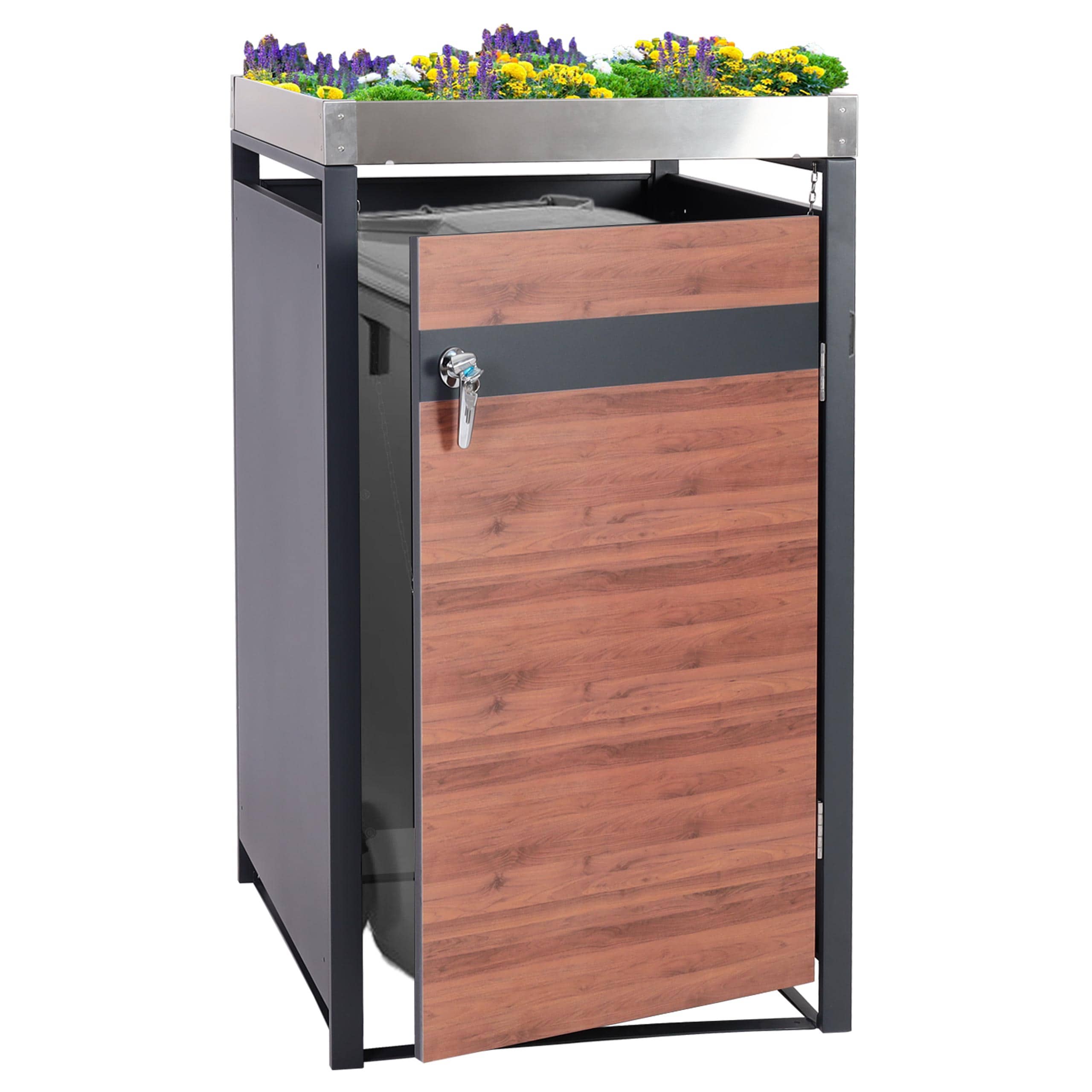 1er M&uuml;lltonnenverkleidung mit Pflanzkasten MCW-J82, erweiterbar, Metall 37kg, anthrazit ~ Kirsche-Holzoptik dunkelbraun 