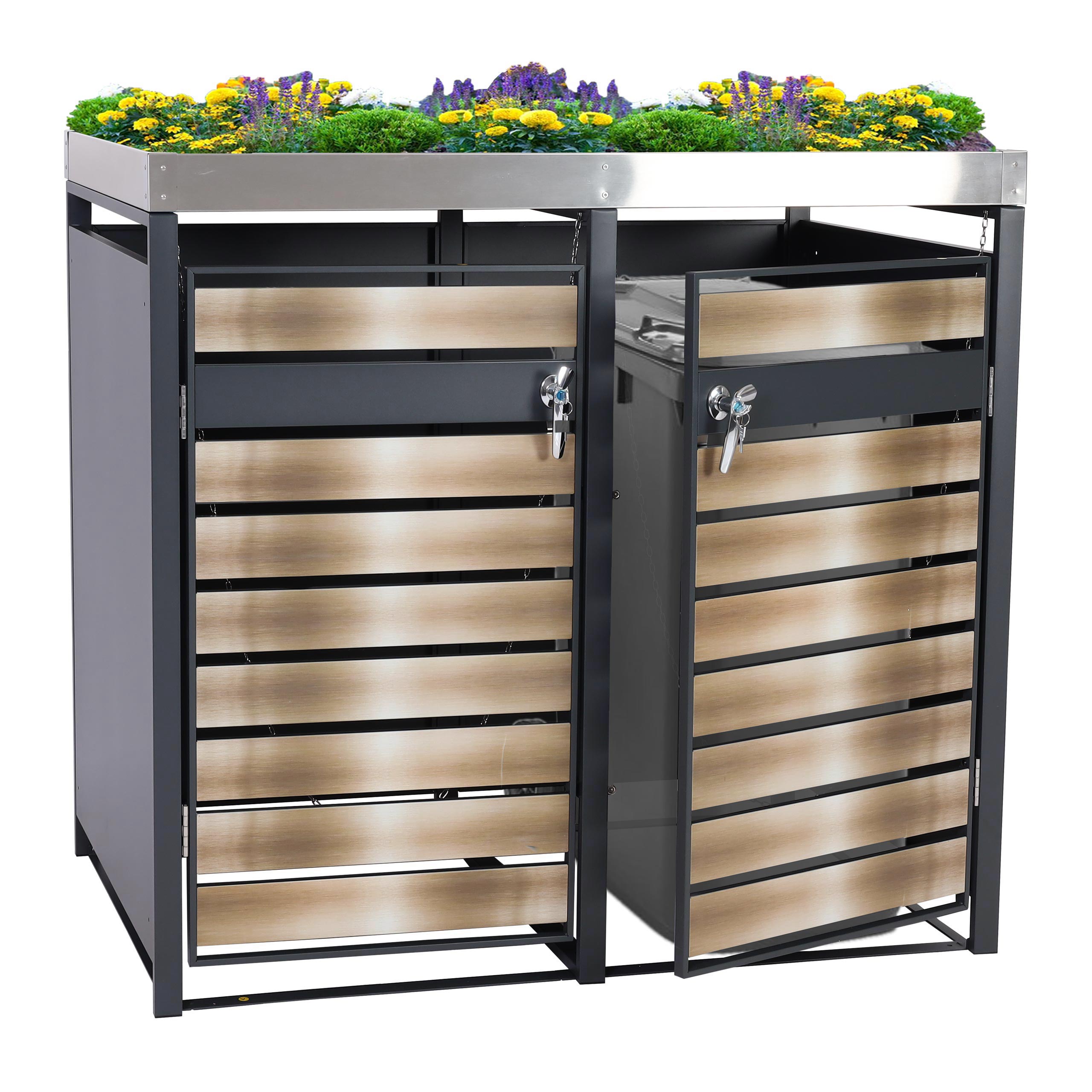 2er M&uuml;lltonnenverkleidung mit Pflanzkasten MCW-J81, erweiterbar, 125x132x80cm Metall 47kg, anthrazit ~ gold 