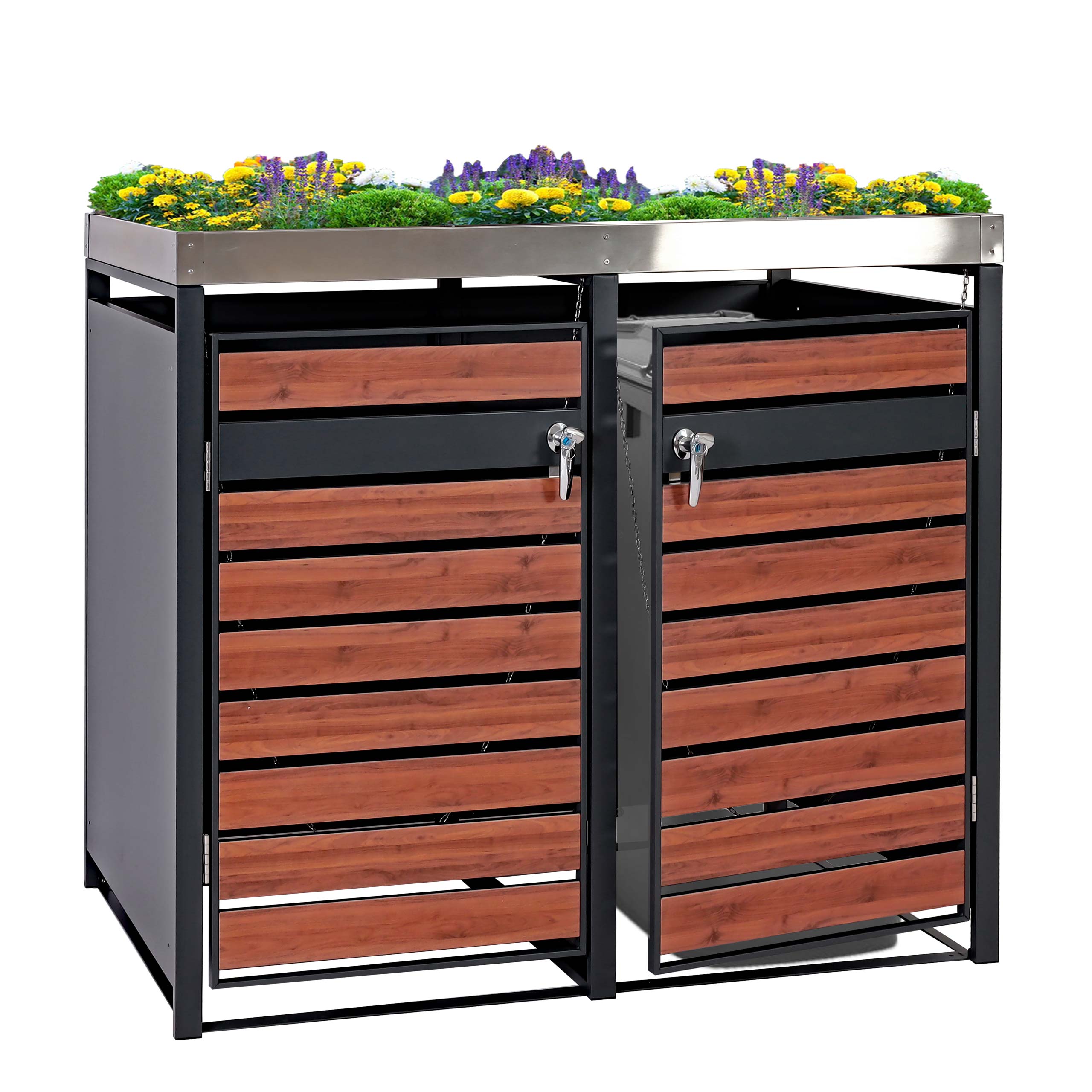 2er M&uuml;lltonnenverkleidung mit Pflanzkasten MCW-J81, erweiterbar, 125x132x80cm Metall 47kg, anthrazit ~ Kirsche-Holzoptik 