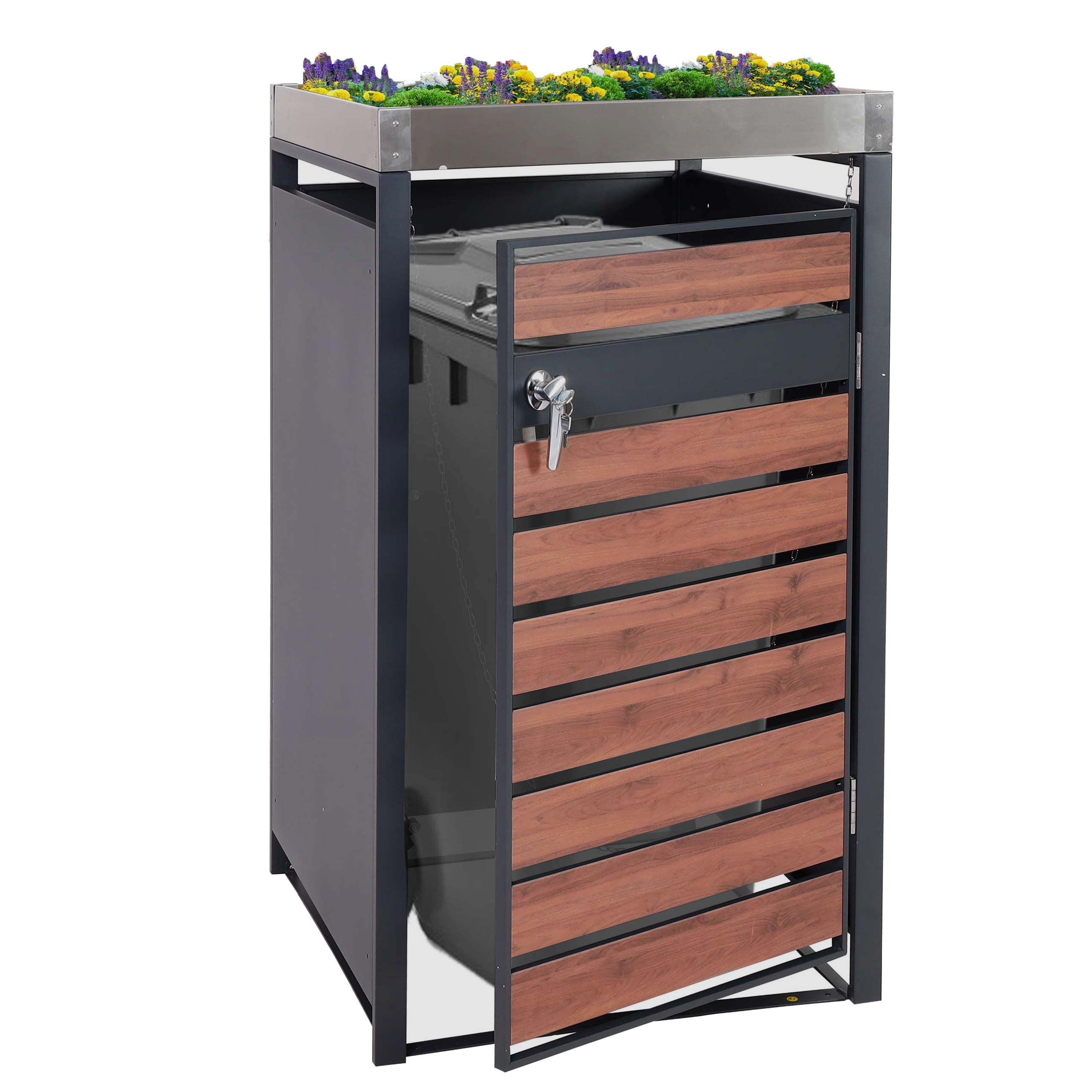 1er M&uuml;lltonnenverkleidung mit Pflanzkasten MCW-J81, erweiterbar, 125x68x80cm Metall 31kg, anthrazit ~ Kirsche-Holzoptik 