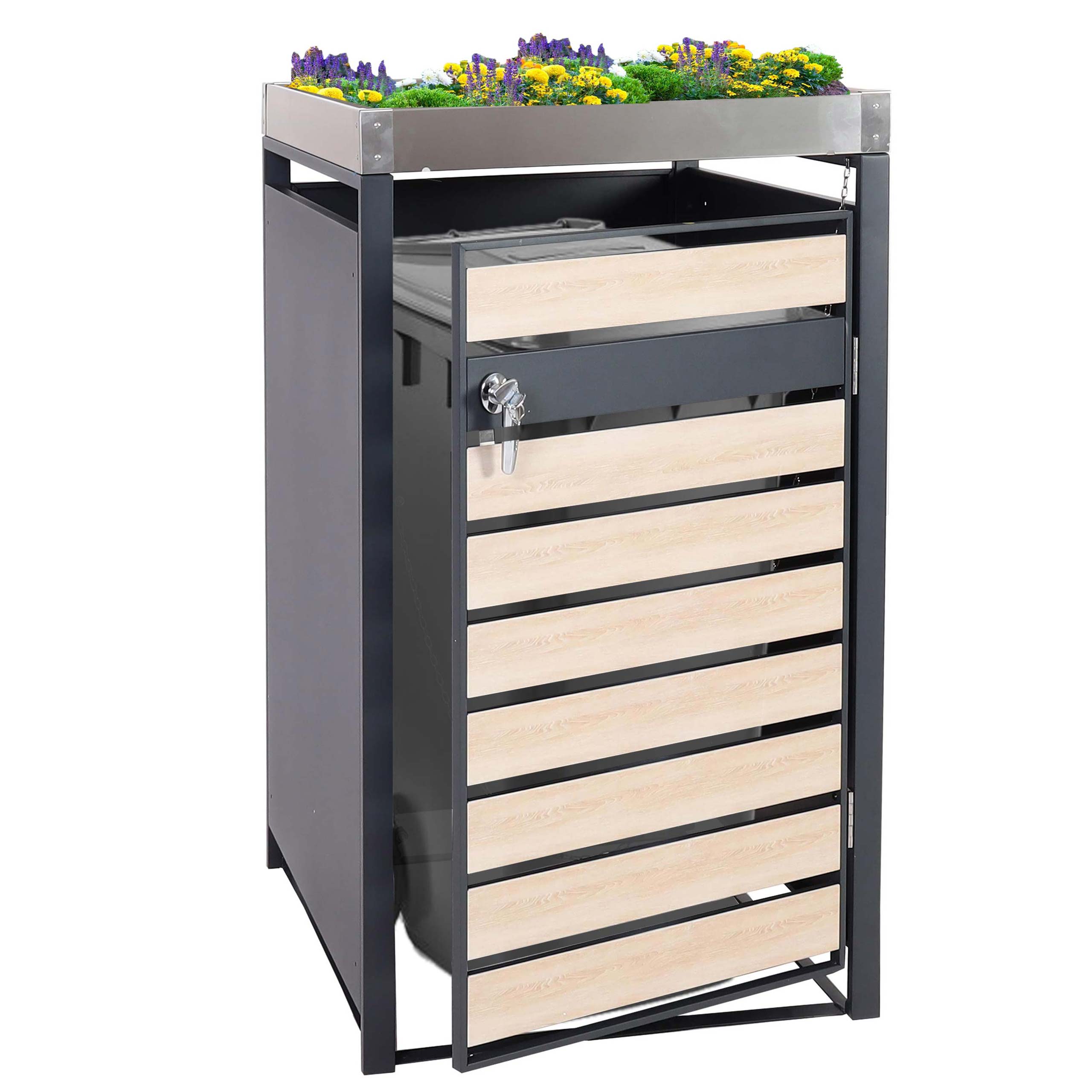 1er M&uuml;lltonnenverkleidung mit Pflanzkasten MCW-J81, erweiterbar, 125x68x80cm Metall 31kg, anthrazit ~ Buche-Holzoptik 