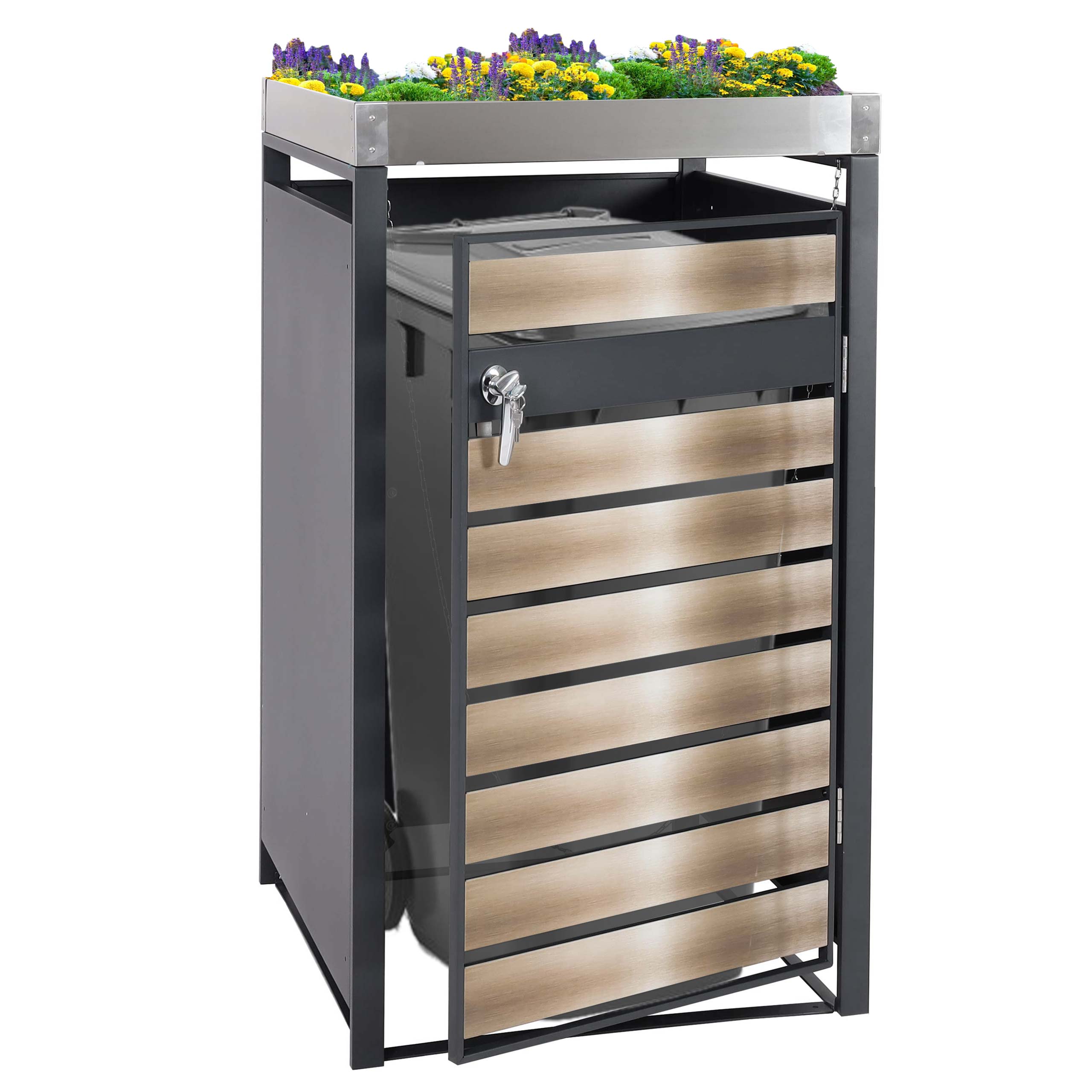 1er M&uuml;lltonnenverkleidung mit Pflanzkasten MCW-J81, erweiterbar, 125x68x80cm Metall 31kg, anthrazit ~ gold 