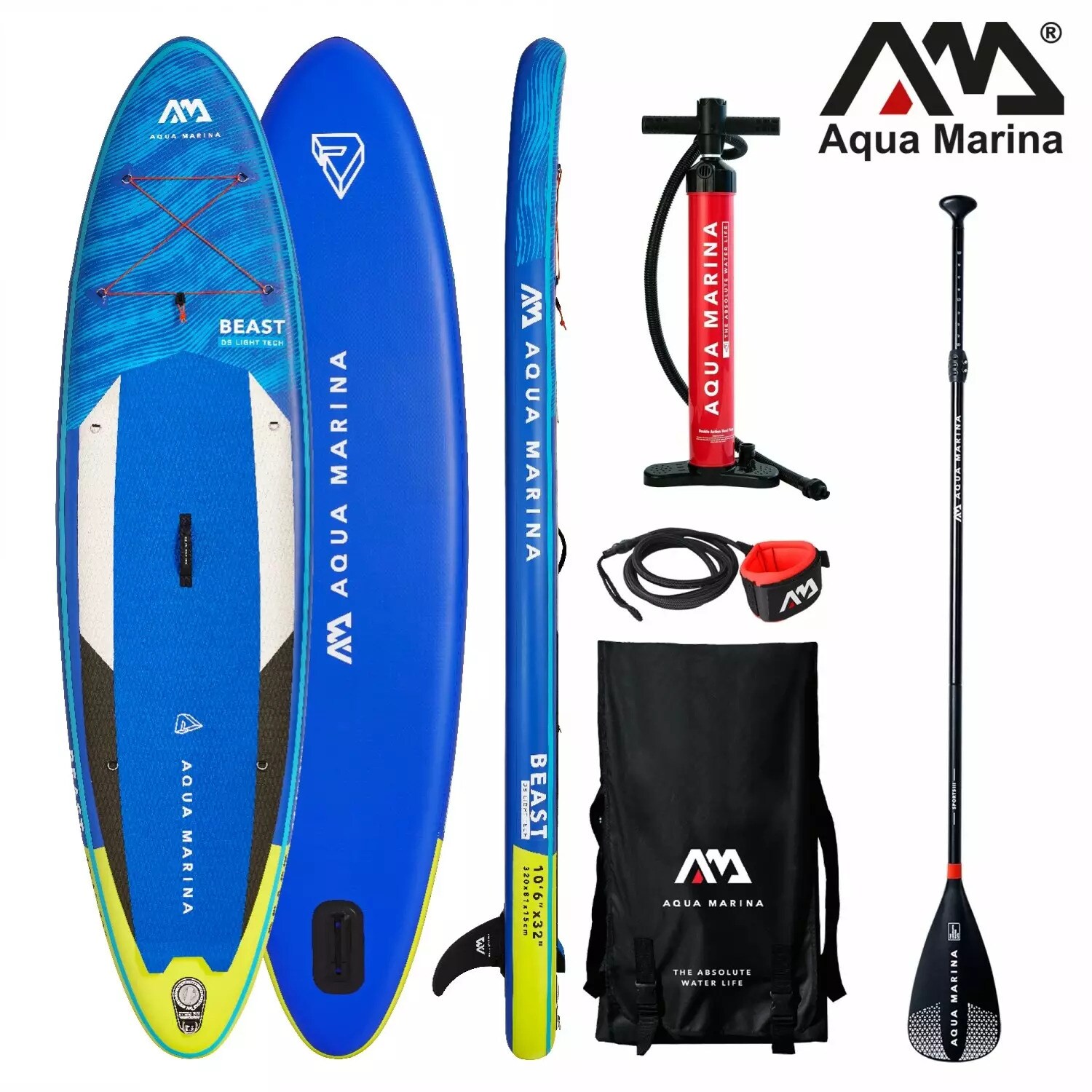 Aqua Marina SUP Board 320x81cm mit Rei&szlig;verschlussrucksack Double Action-Pumpe LIQUID AIR V1 Paddel Einschub-Mittelfinne Sicherheitsleine Blau 