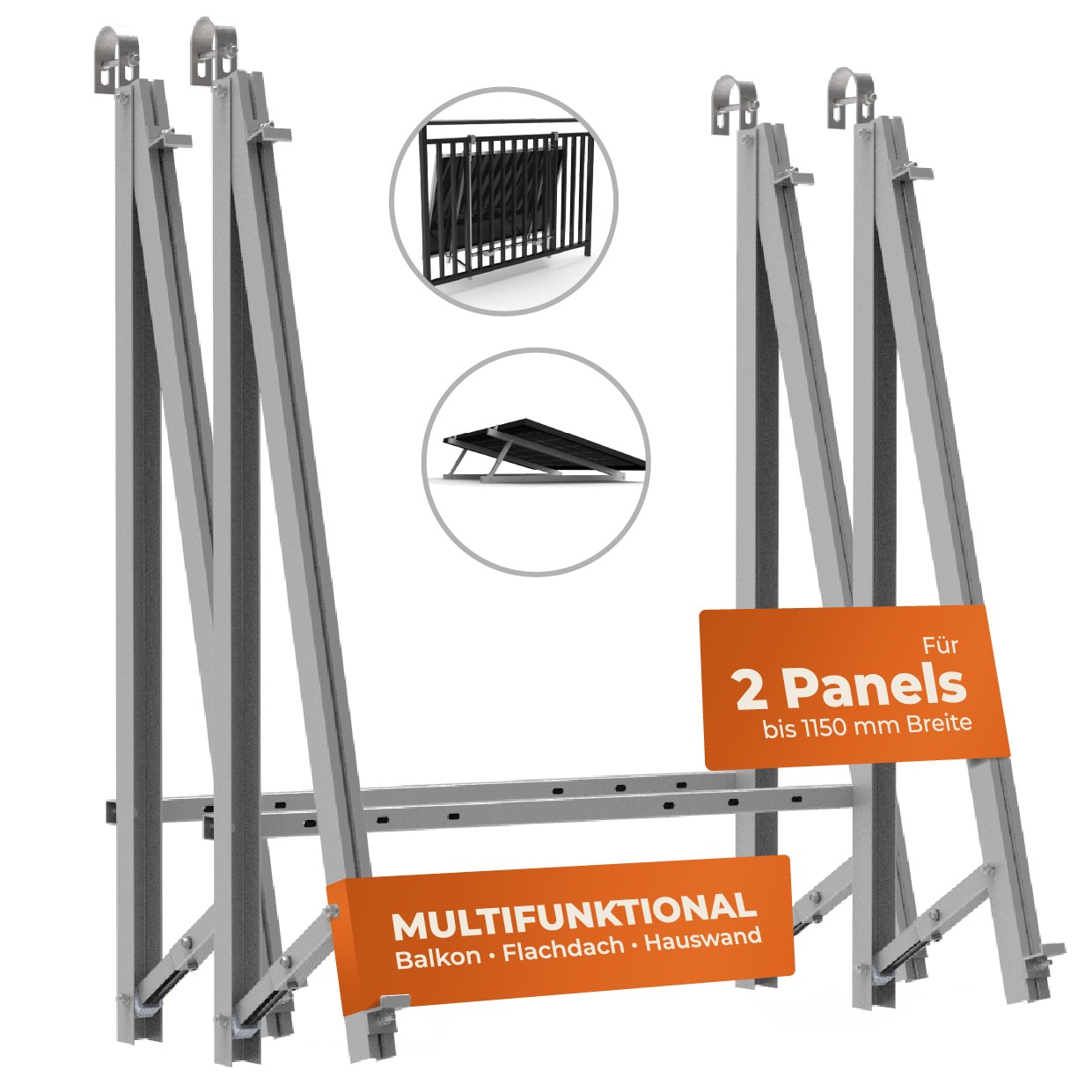 Solarway Balkonkraftwerk Halterung Gel&auml;nder, Fassade und Flachdach Befestigung f&uuml;r 2 Solarmodule Halterung | Set | Neigungswinkel 10-30&deg;| BLACK 