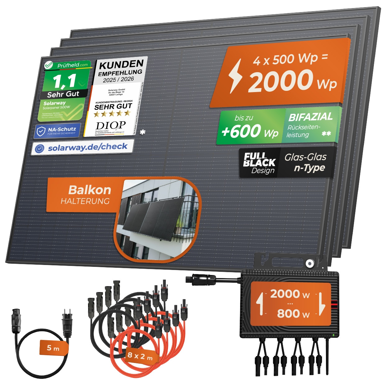 Solarway&reg; Balkonkraftwerk 2000W komplett Steckdose - neuester 2000W Wechselrichter - Solaranlage Komplettset - 500W bifaziale Solarmodule & Envertech & Zubeh&ouml;r 