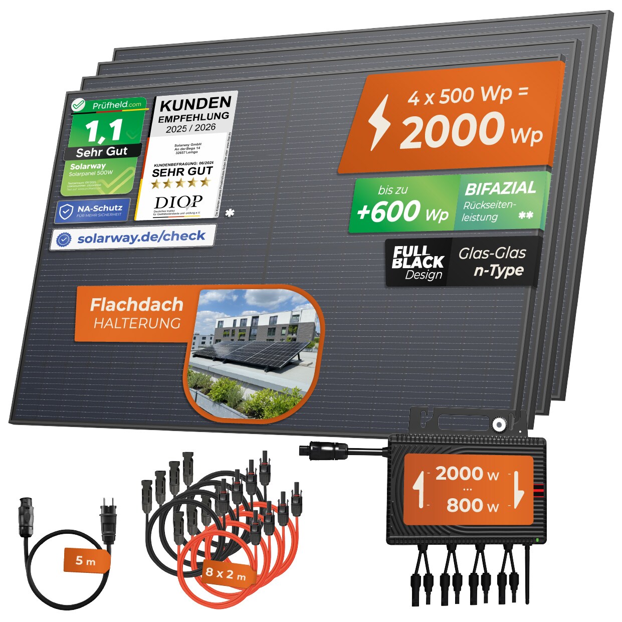 ® Balkonkraftwerk 2000W komplett Steckdose - neuester 2000W Wechselrichter - Solaranlage Komplettset - 500W bifaziale Solarmodule & Envertech & Zubehör