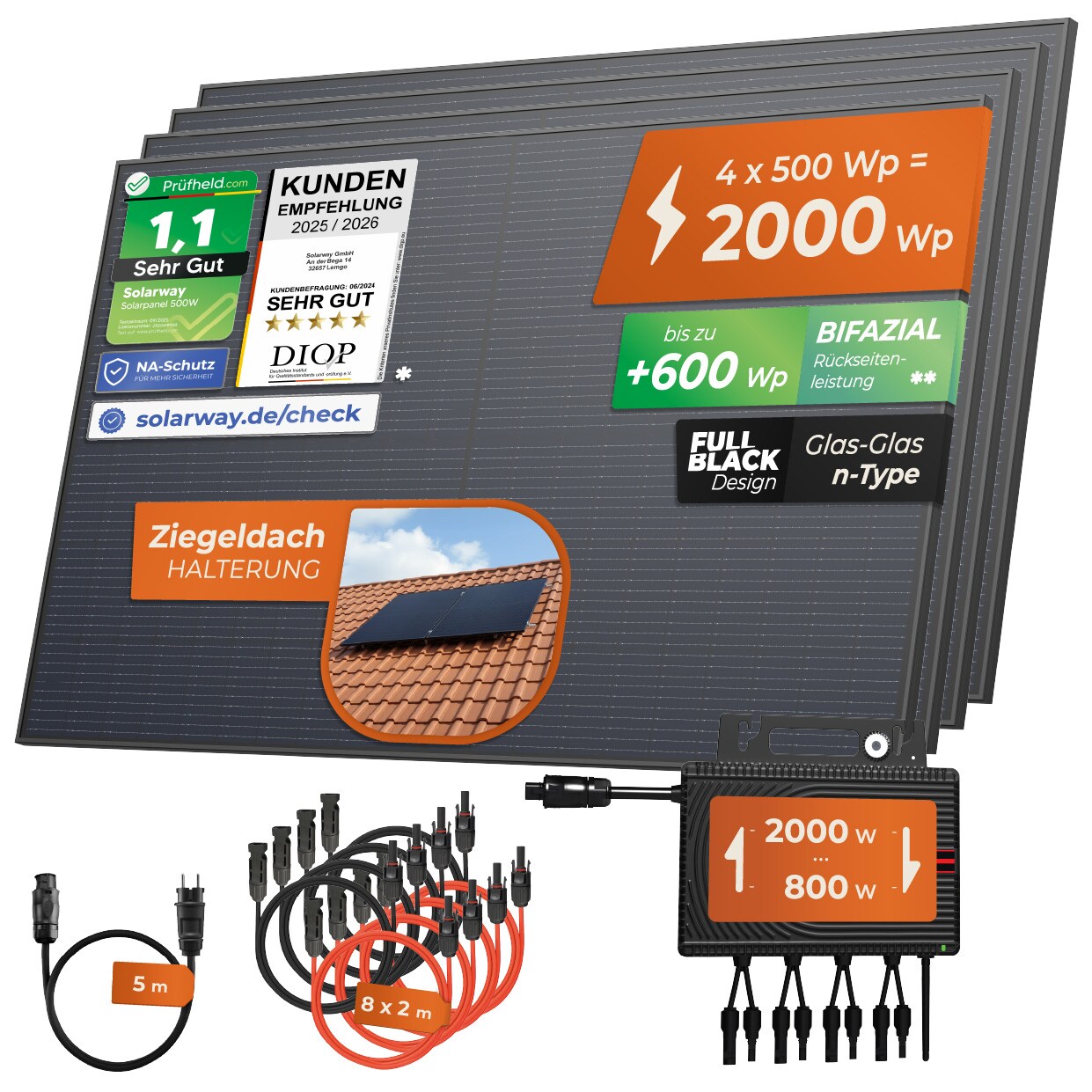 ® Balkonkraftwerk 2000W komplett Steckdose - neuester 2000W Wechselrichter - Solaranlage Komplettset - 500W bifaziale Solarmodule & Envertech & Zubehör
