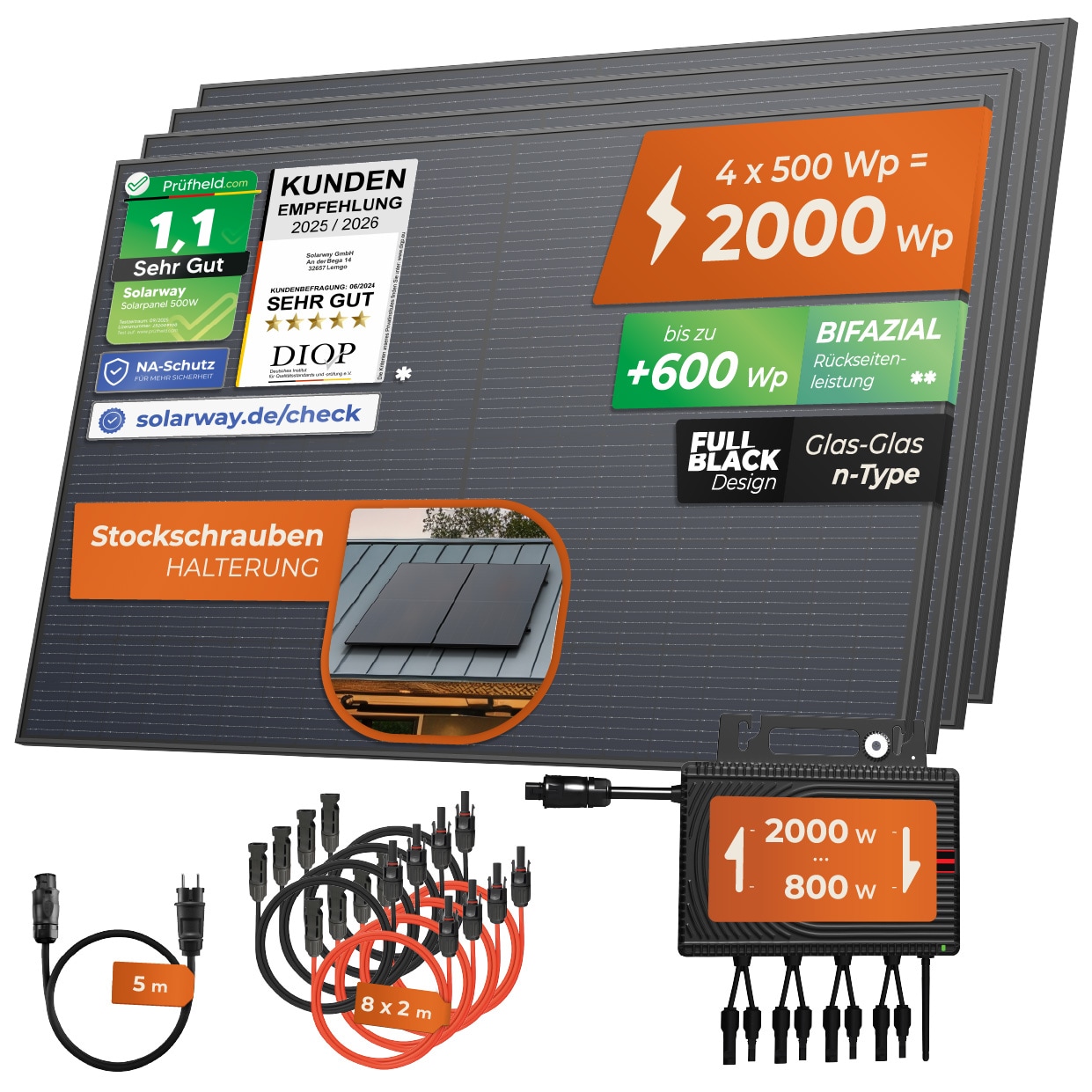 Solarway&reg; Balkonkraftwerk 2000W komplett Steckdose - neuester 2000W Wechselrichter - Solaranlage Komplettset - 500W bifaziale Solarmodule & Envertech & Zubeh&ouml;r 