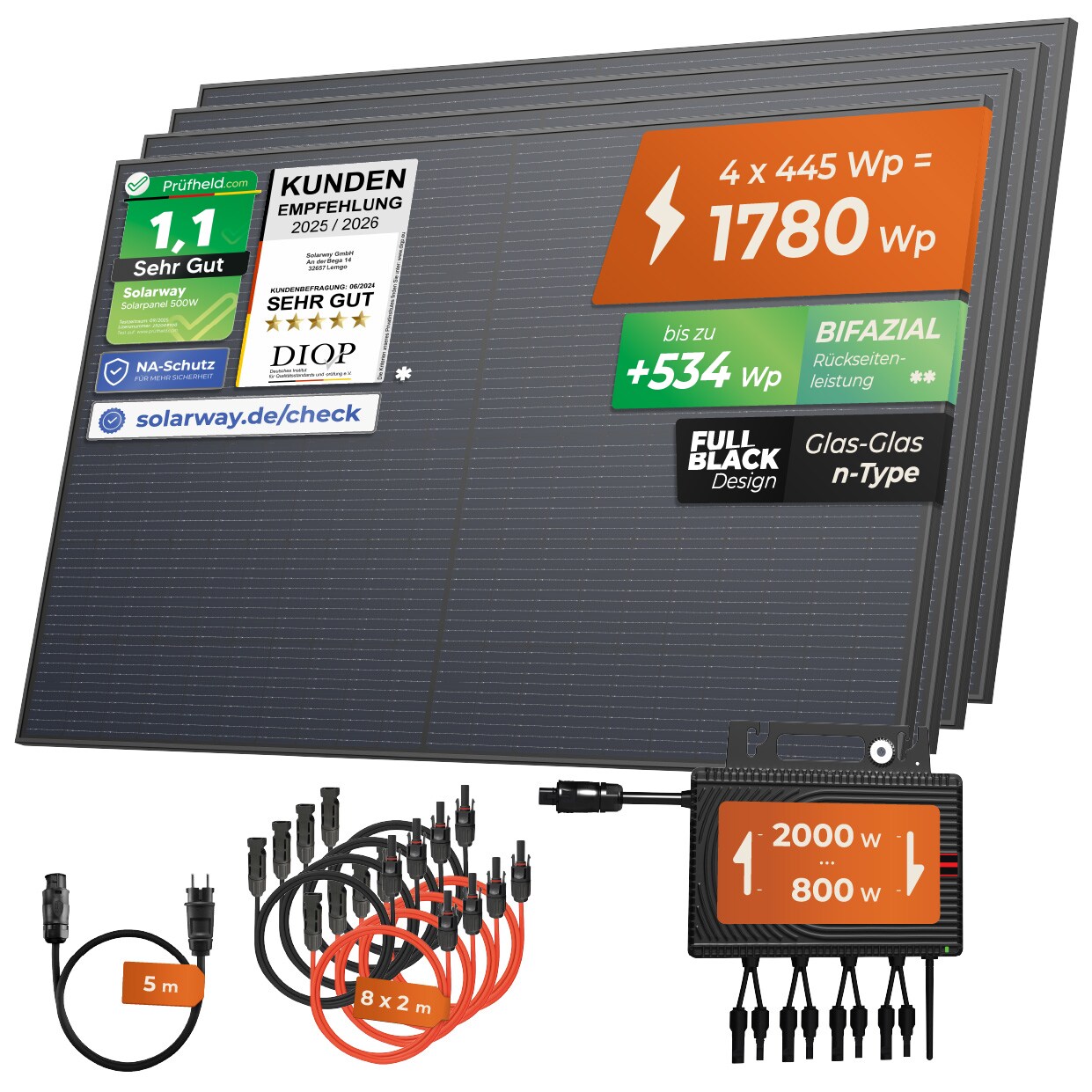 ® 1780Wp / 2000-800W Balkonkraftwerk komplett Steckdose - neuester 2000 Watt Wechselrichter - Solaranlage Komplettset - 445W bifaziale Solarmodule & Envertech & Zubehör